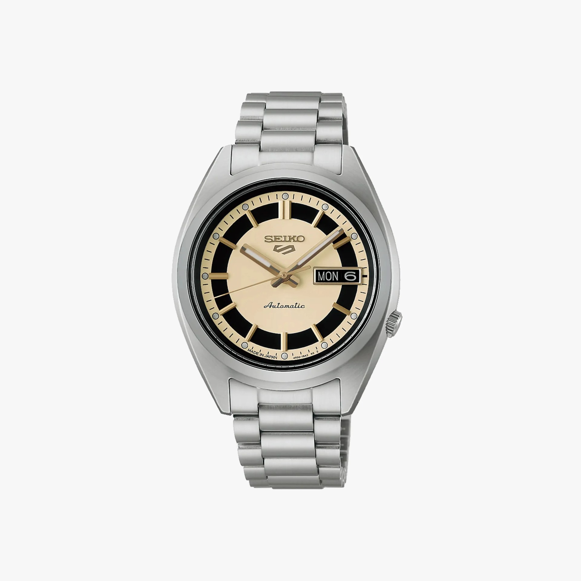 Silver stainless steel Seiko wristwatch with beige and black dial and day-date display.