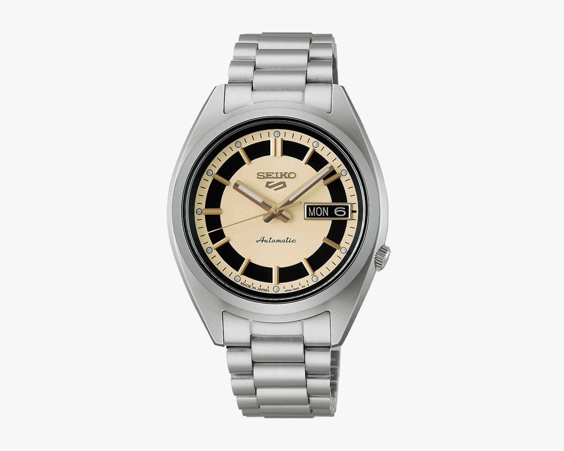Silver stainless steel Seiko wristwatch with beige and black dial, day-date display, and automatic movement.