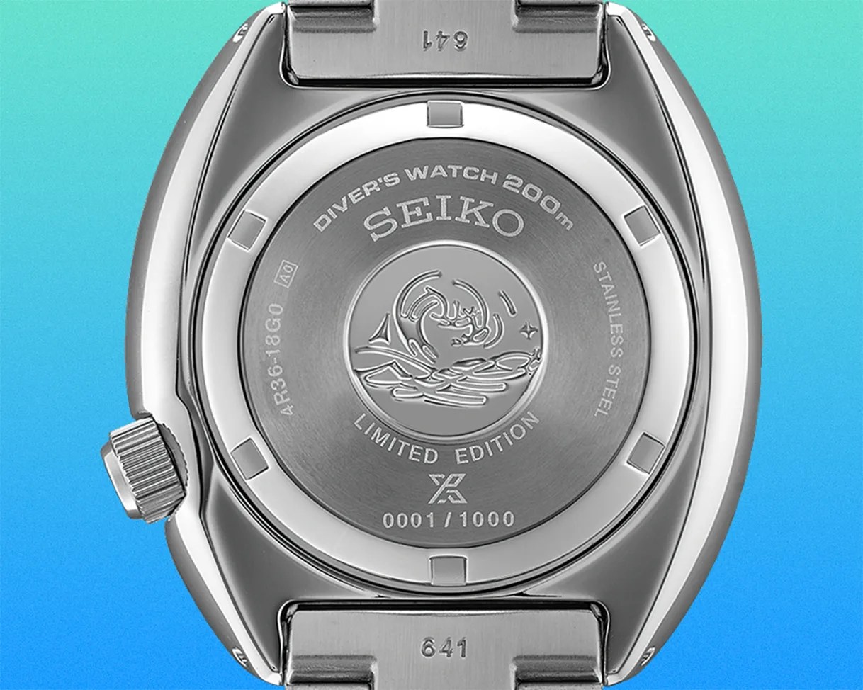 Back of a stainless steel Seiko diver's watch with "Limited Edition" and "0001/1000" engraved on the case back.