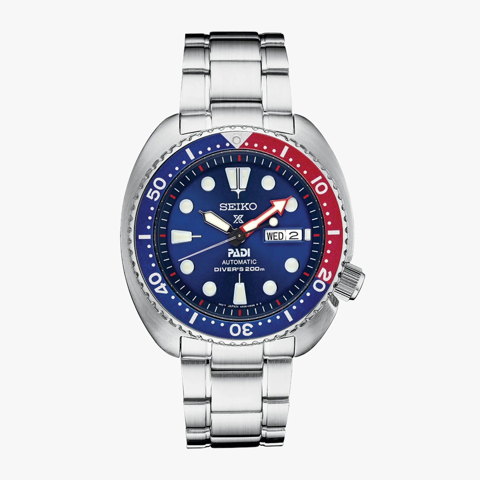Seiko Prospex PADI automatic diver's watch with blue and red bezel and stainless steel bracelet.