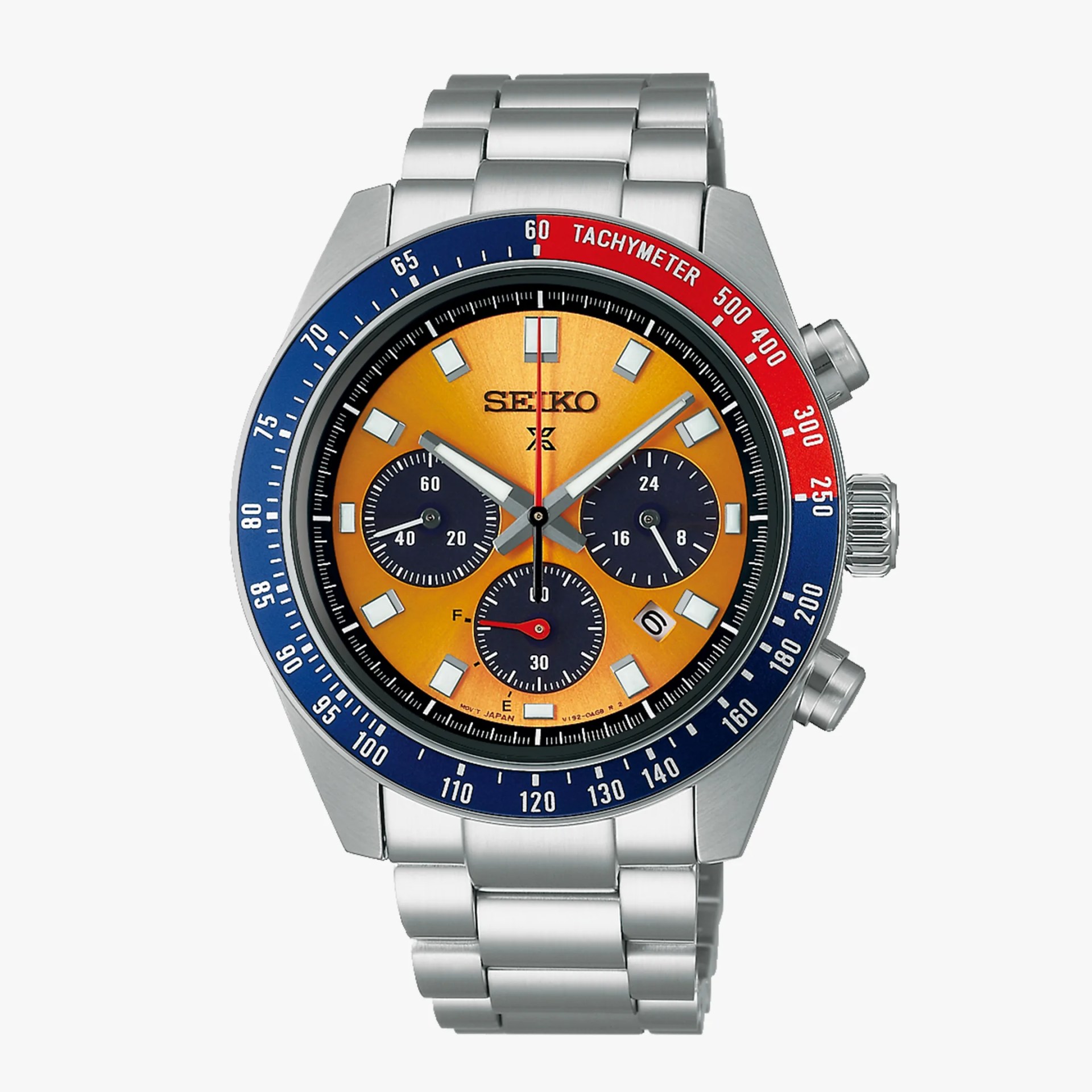 Seiko stainless steel chronograph watch with orange dial, blue and red tachymeter bezel, and metal bracelet.