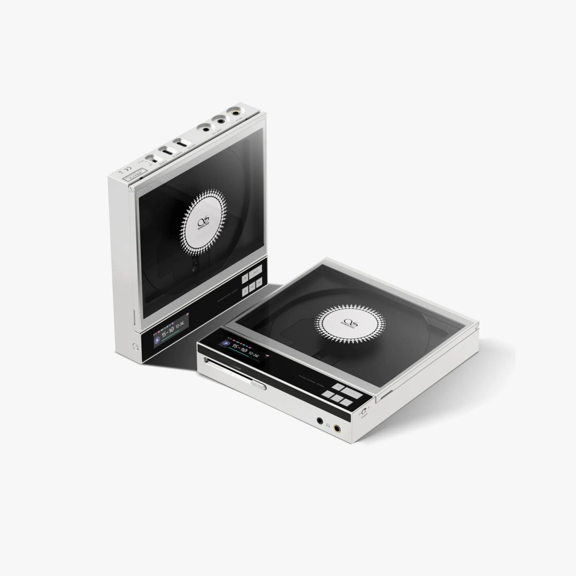 Two white and black portable CD players with transparent lids and digital displays on a white background.