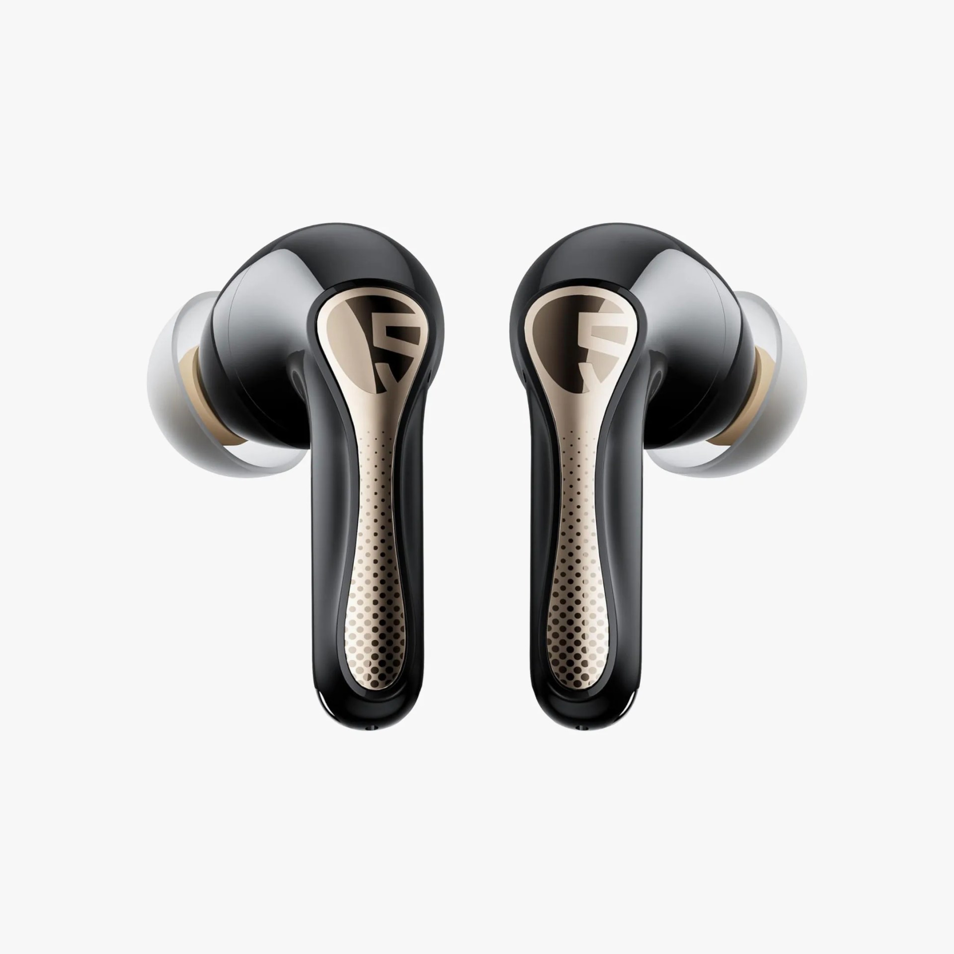 Pair of black wireless earbuds with gold accents and translucent ear tips on a white background.