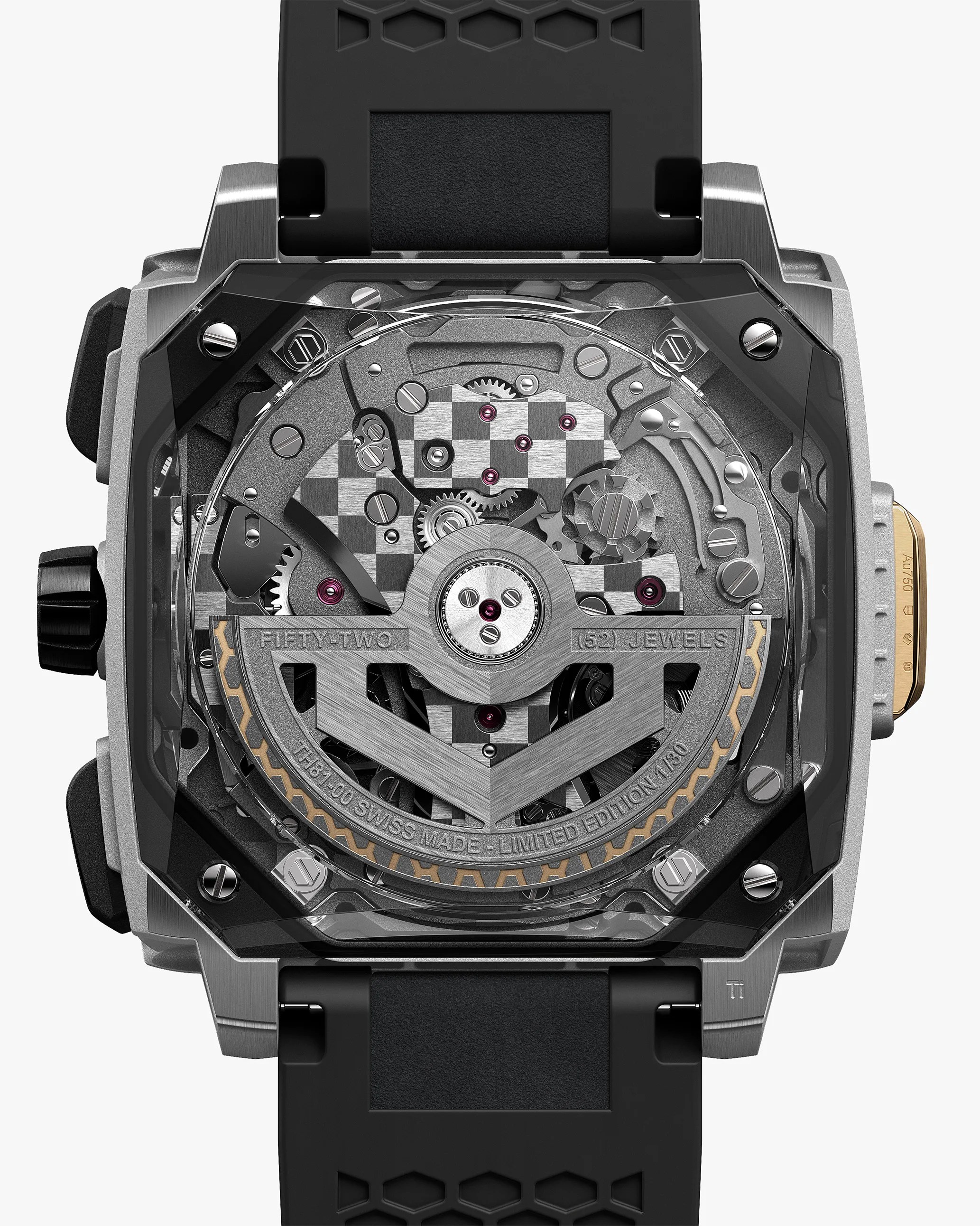 Back view of a mechanical wristwatch with visible gears, screws, and a black rubber strap.