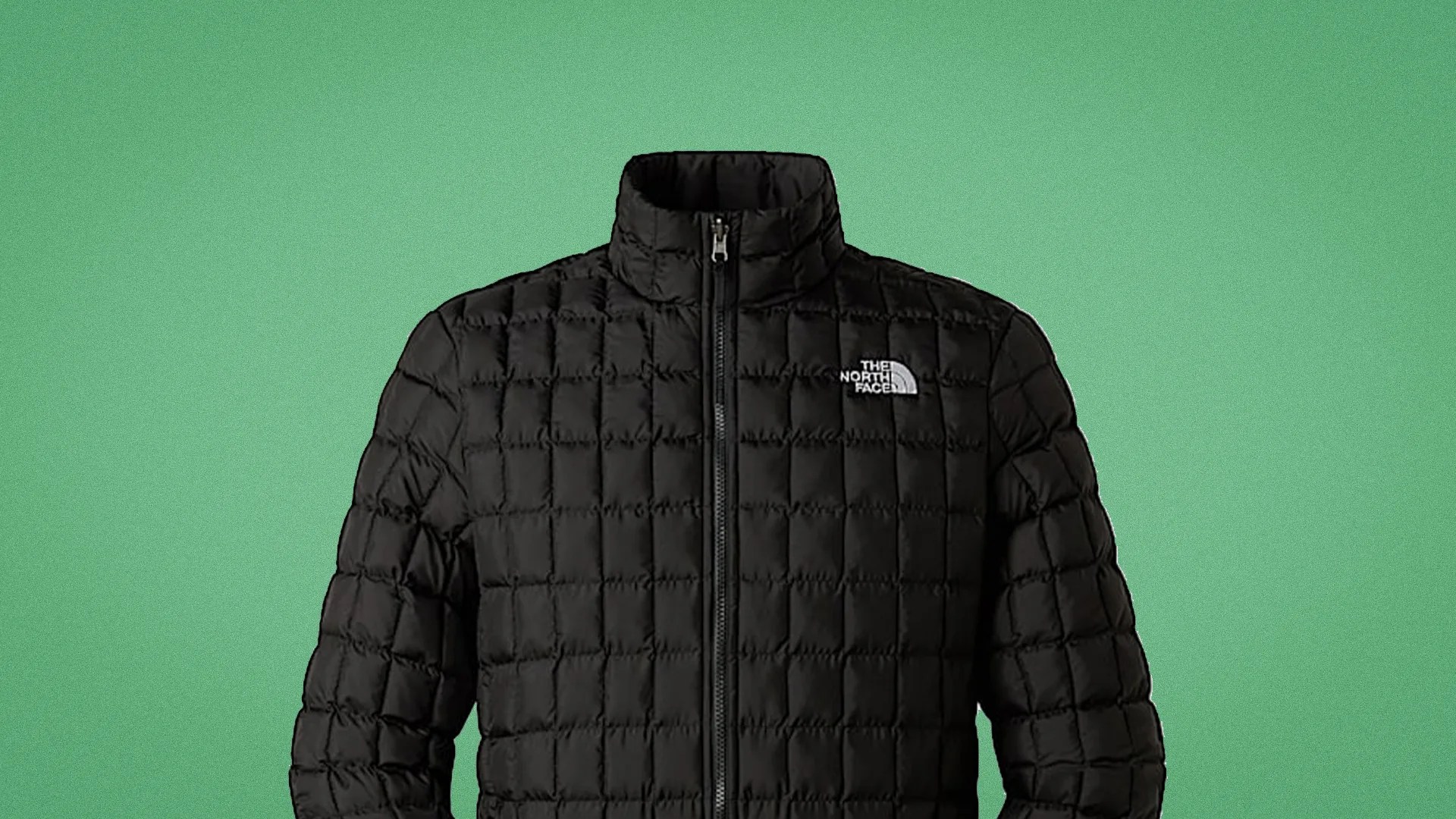Black quilted North Face jacket with full front zipper and stand-up collar.