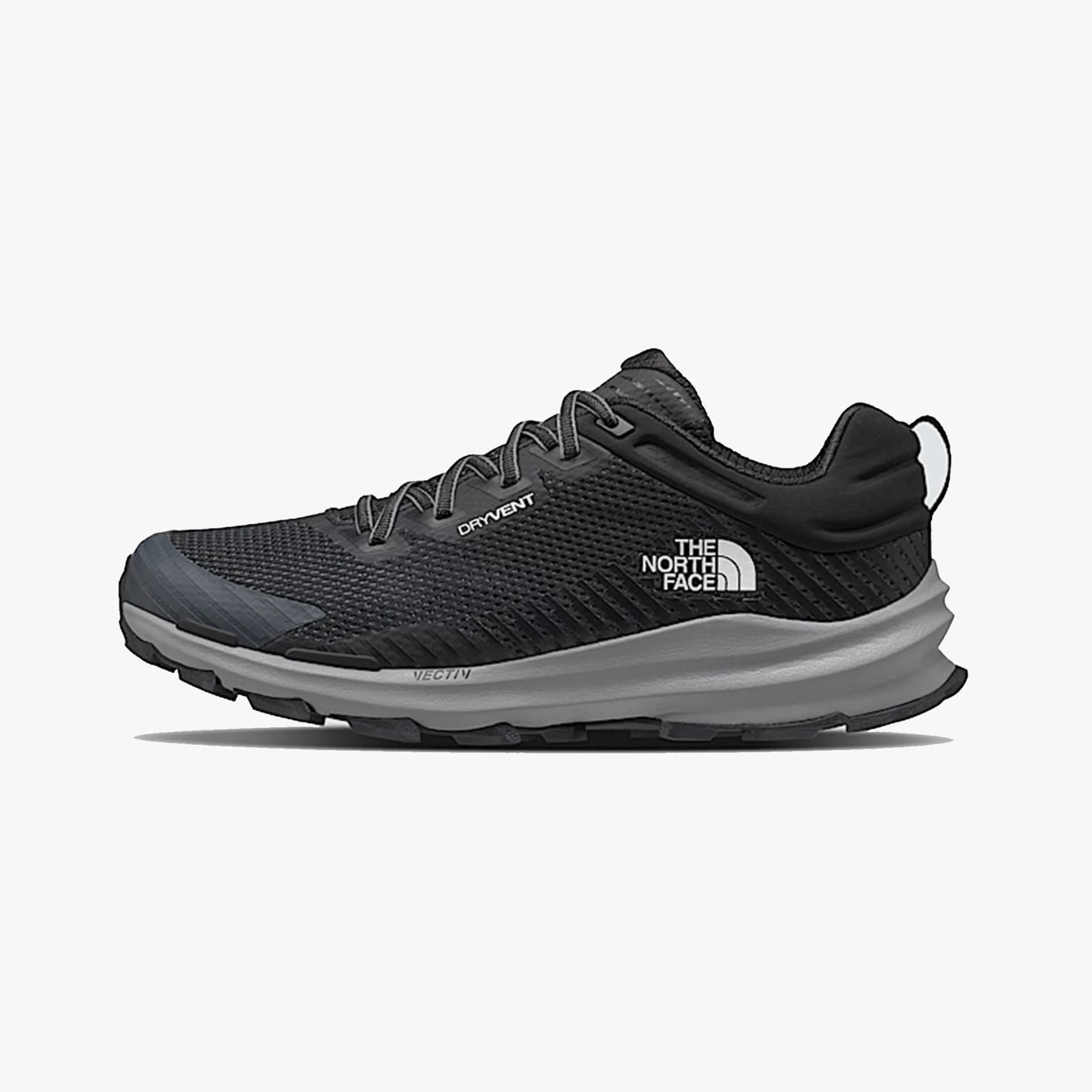Black and gray The North Face trail running shoe with mesh upper and DRYVENT label.