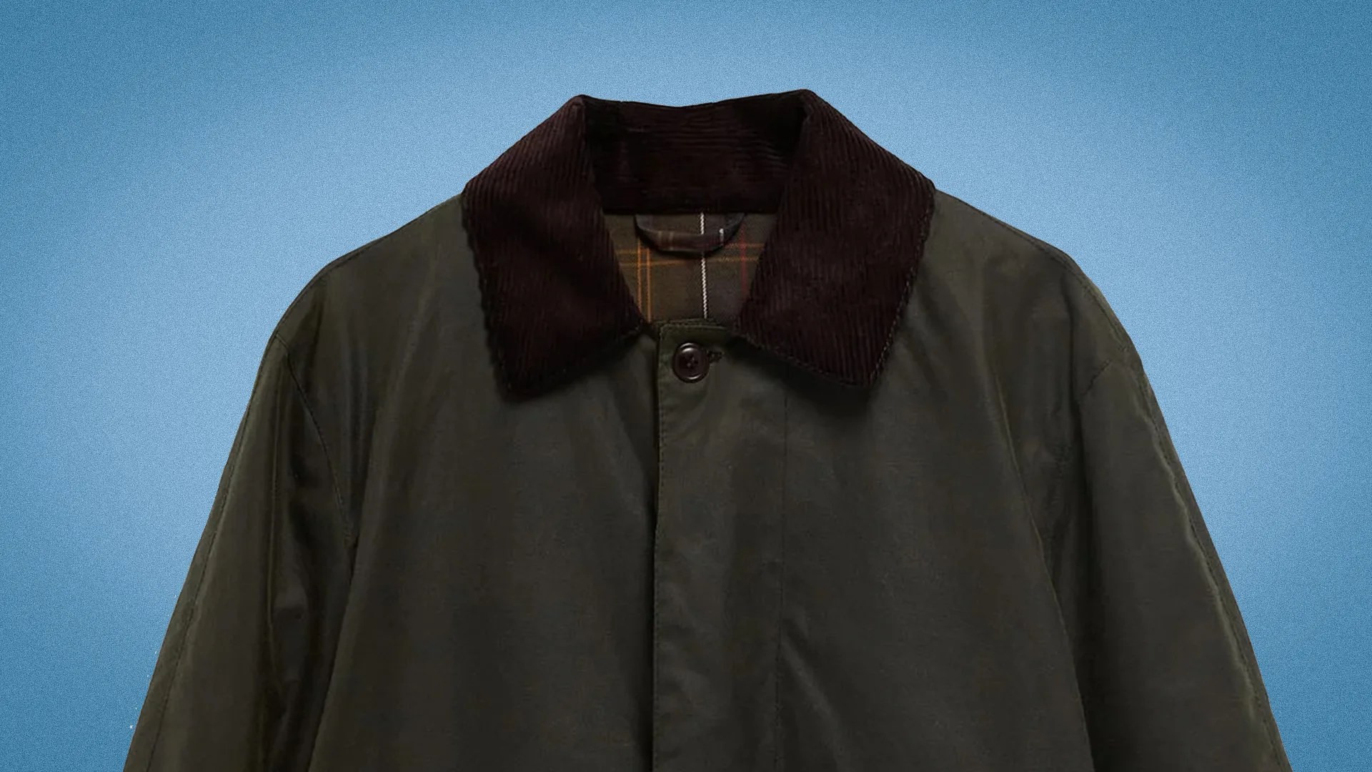 Dark green waxed cotton jacket with dark brown corduroy collar and plaid lining visible inside.
