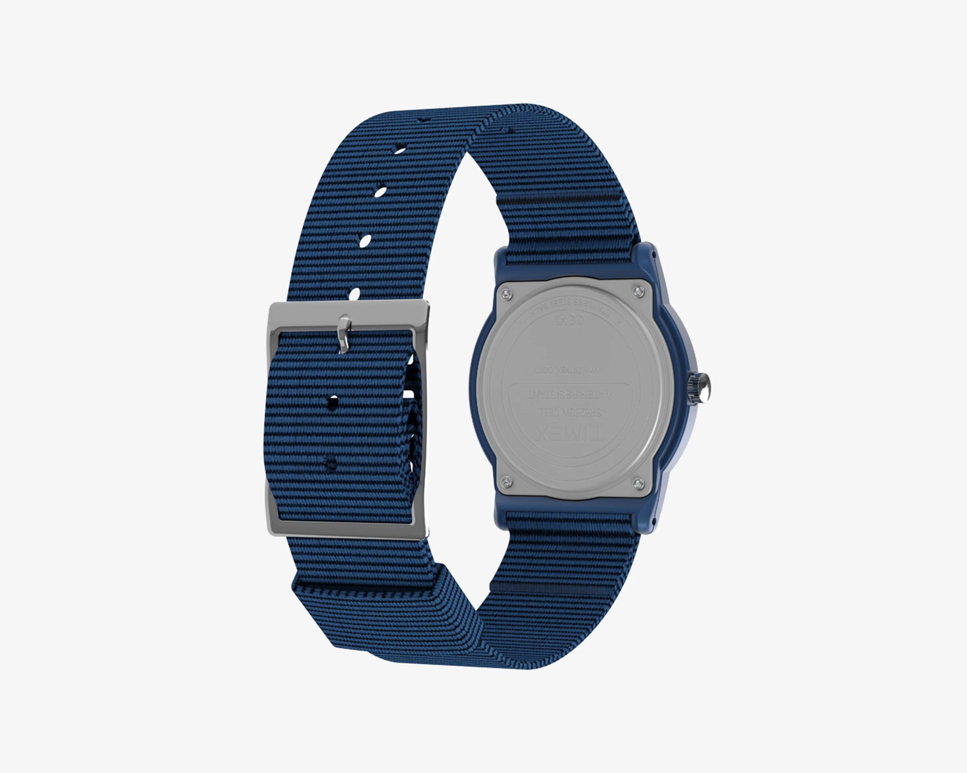 Blue nylon watch strap with silver buckle and stainless steel back of a Timex watch.