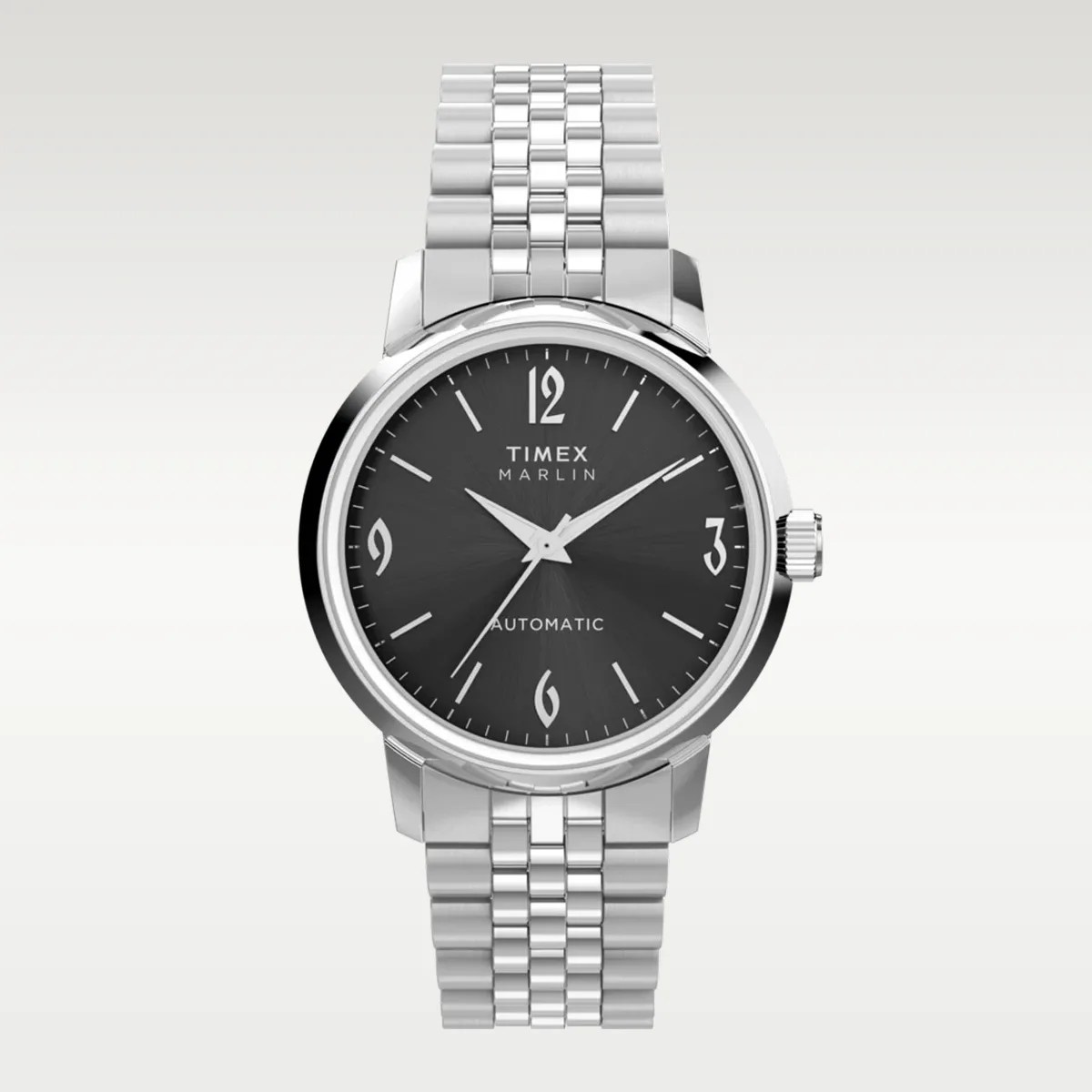 Silver Timex Marlin automatic wristwatch with black dial and stainless steel bracelet.