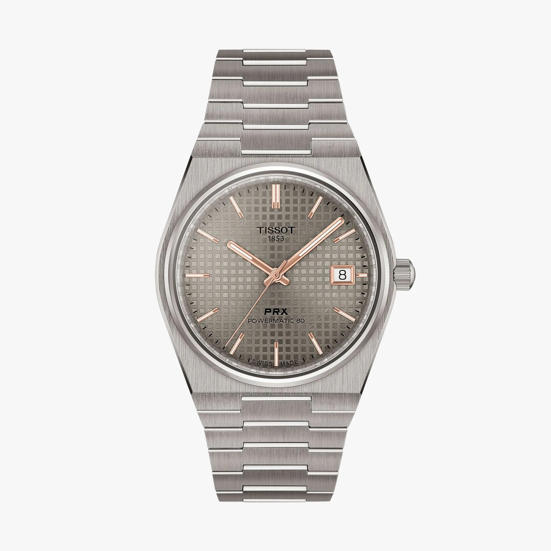 Silver titanium Tissot PRX Powermatic 80 watch with textured gray dial and rose gold-tone hands and markers.