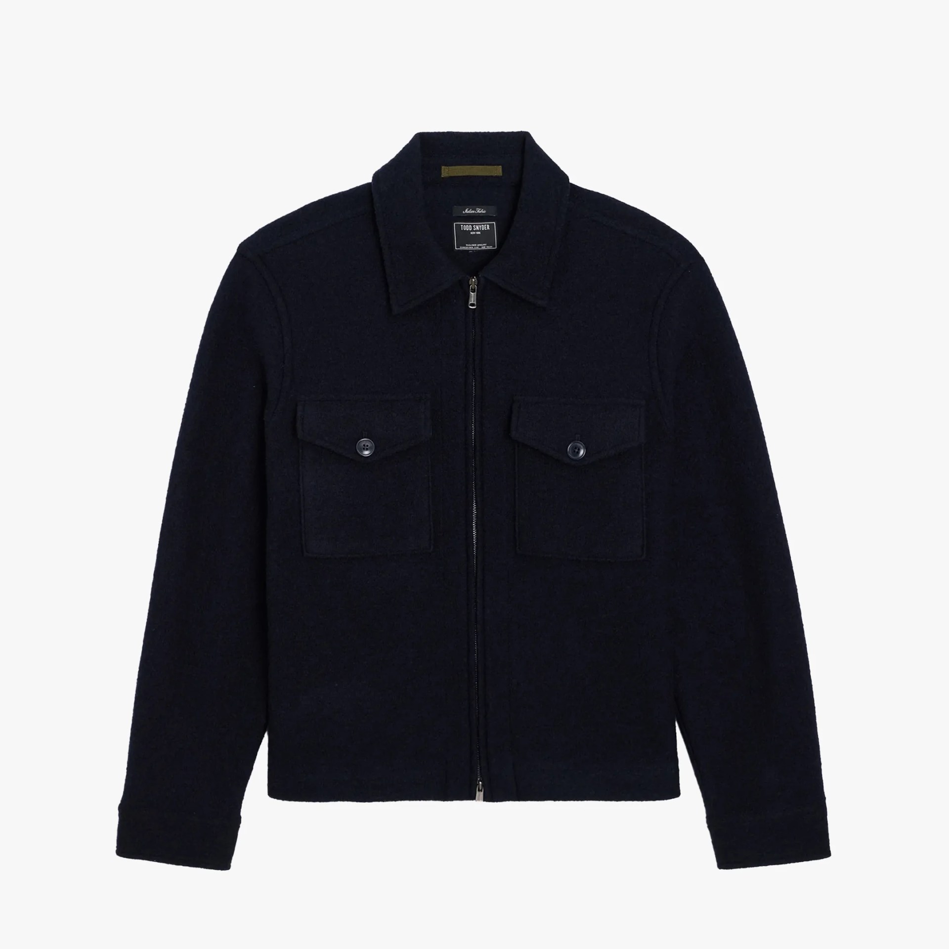 Navy blue wool zip-up jacket with two buttoned chest pockets and a pointed collar.