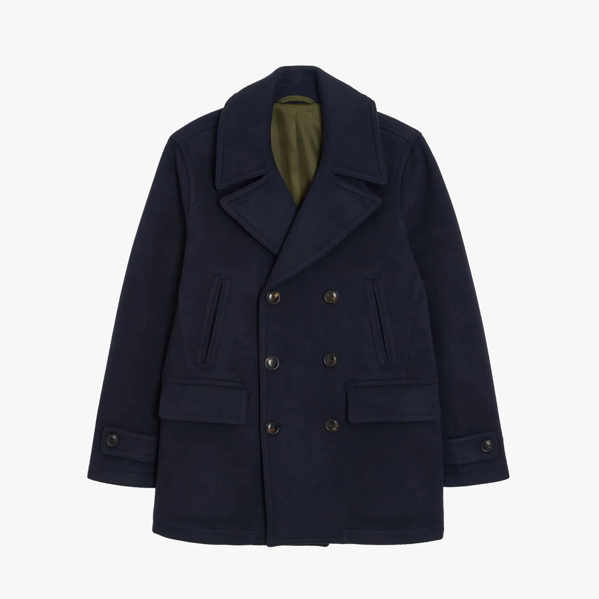 Navy blue double-breasted pea coat with wide lapels and buttoned cuffs.
