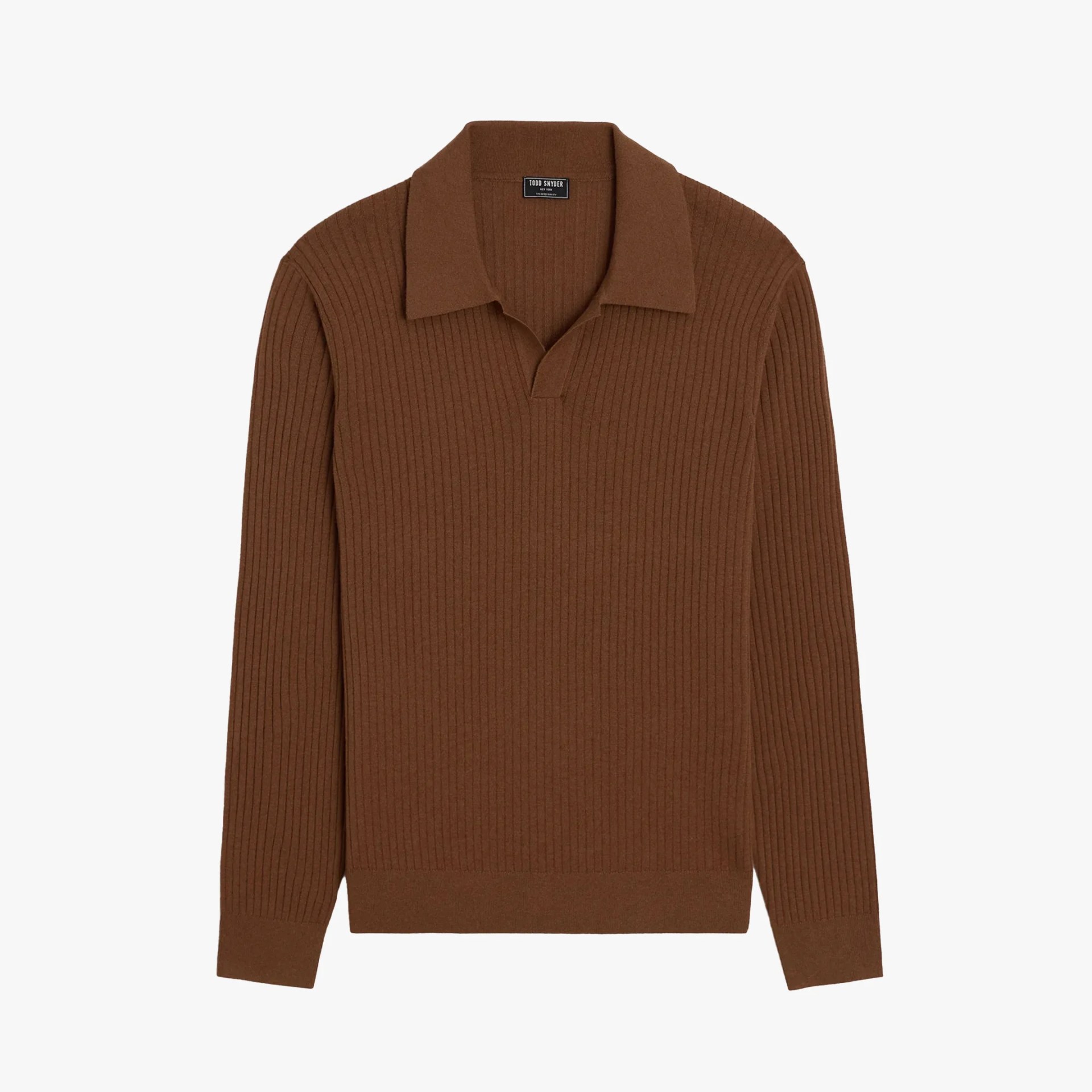 Brown ribbed knit long-sleeve polo sweater with a spread collar.