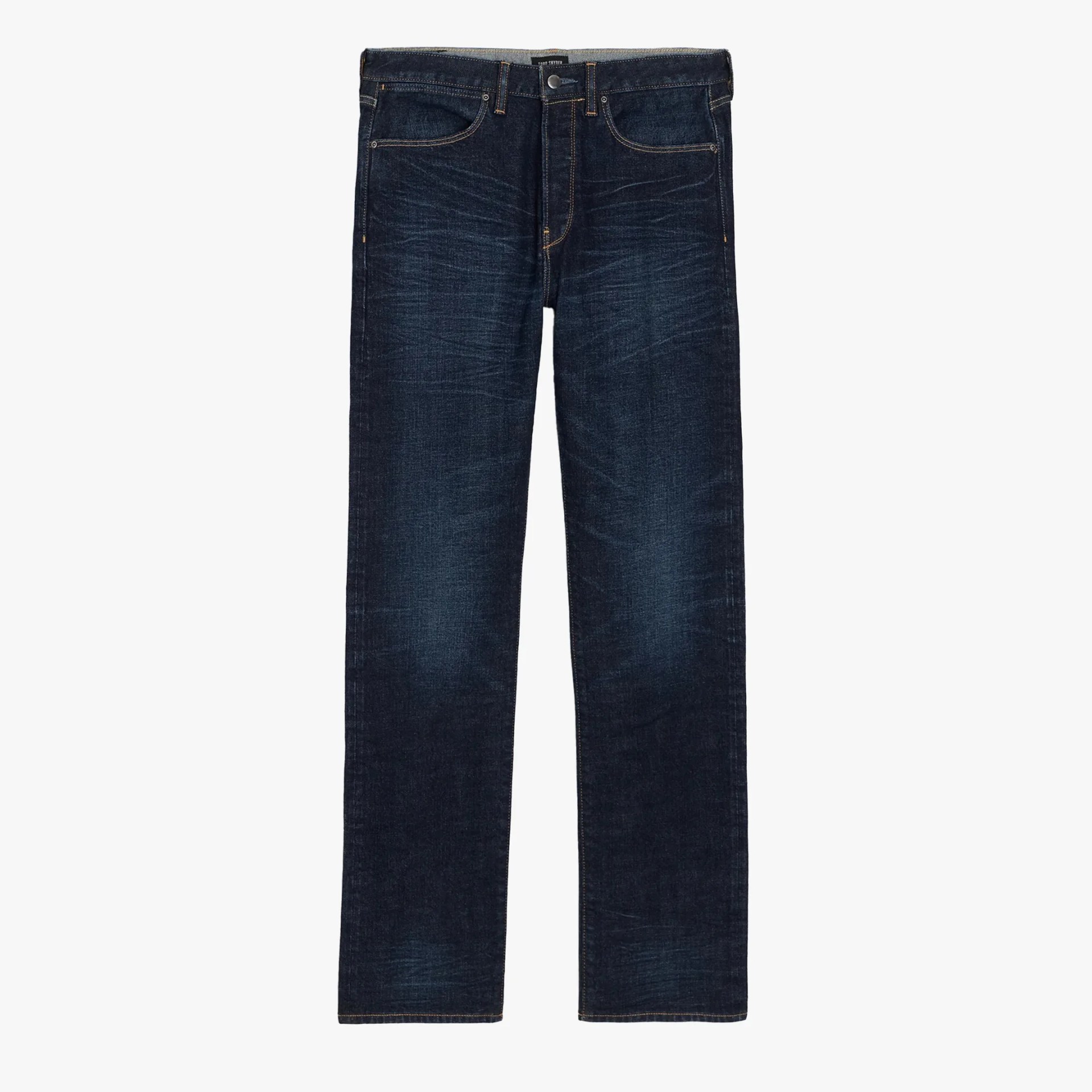 Dark blue straight-leg denim jeans with subtle whiskering and contrast stitching.