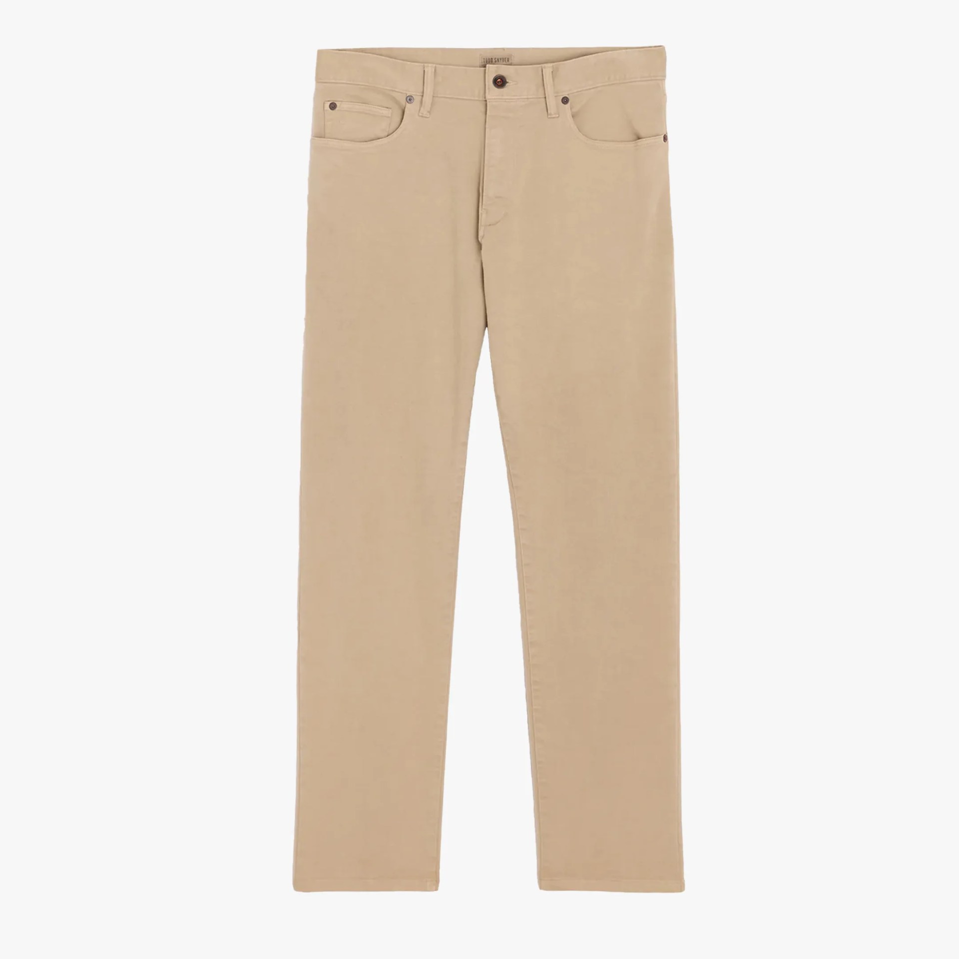 Beige straight-leg pants with front pockets and button closure.