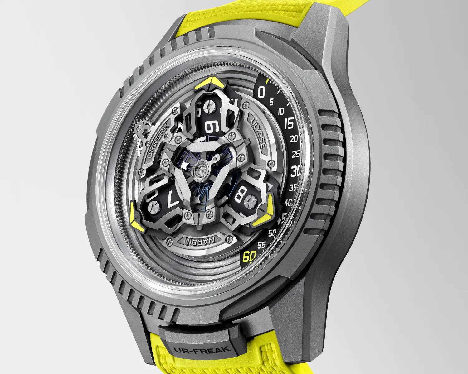 Close-up of a futuristic silver mechanical watch with a yellow strap and intricate dial details.
