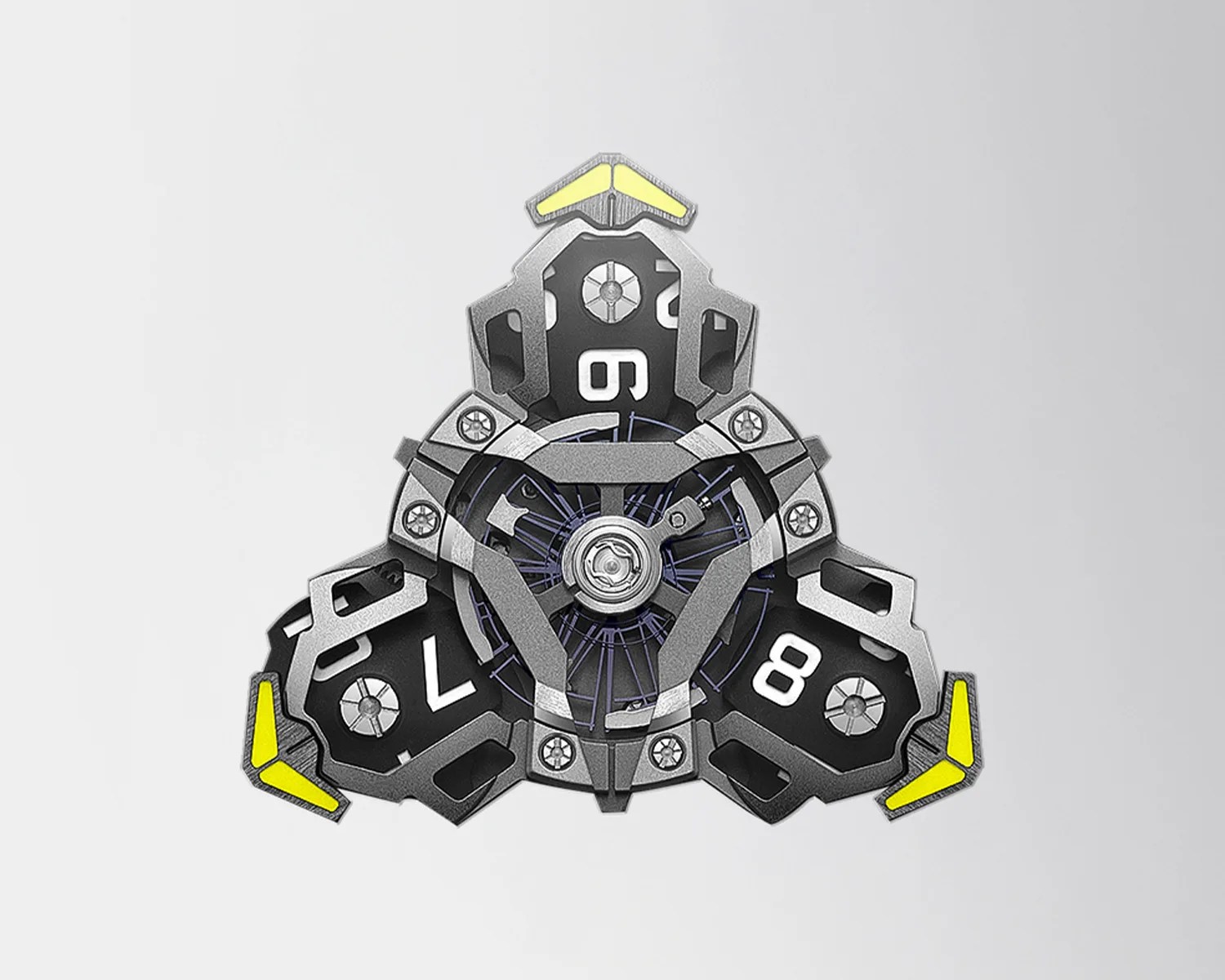 Triangular mechanical watch movement with black and silver components and yellow accents.