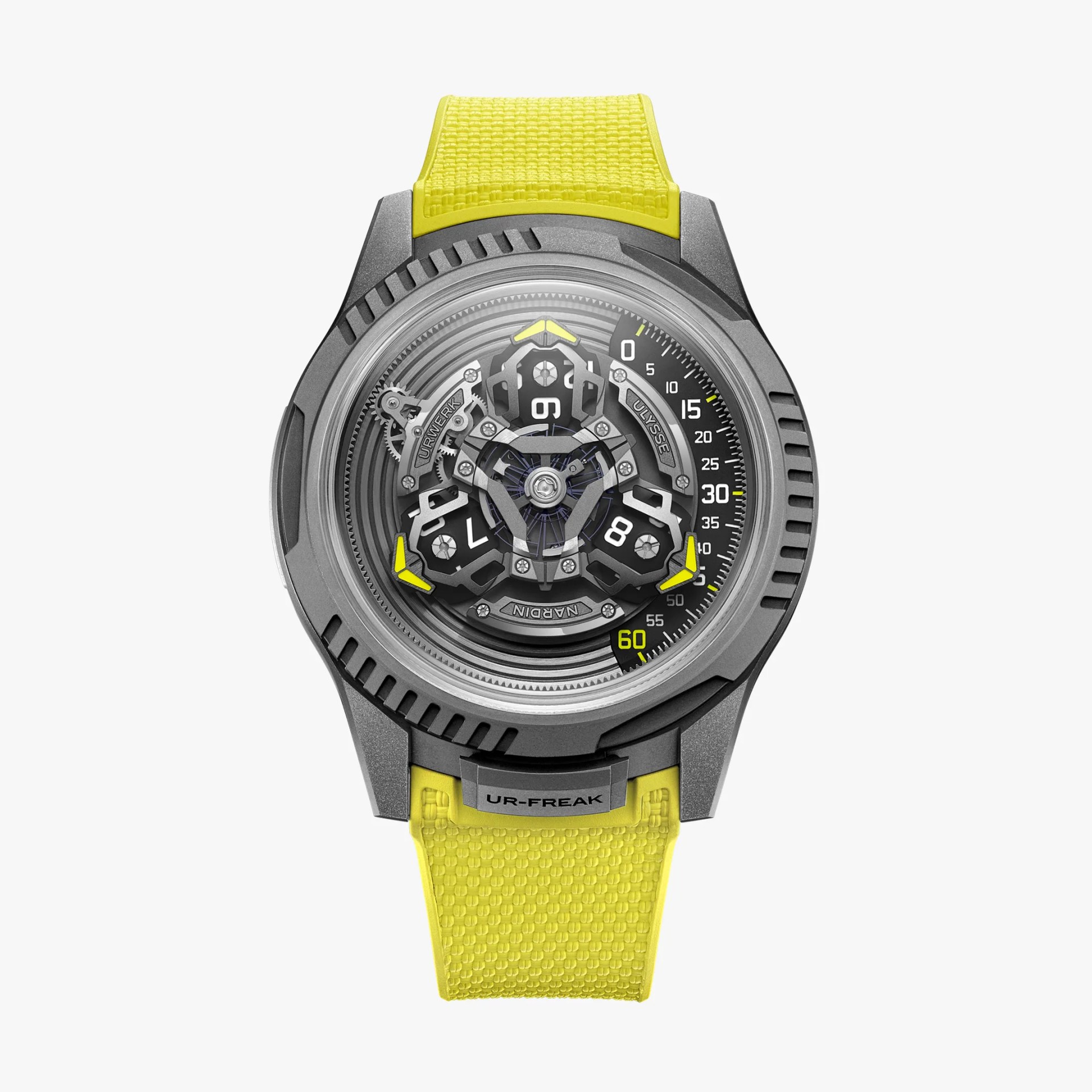 Gray and black mechanical wristwatch with yellow accents and a textured yellow strap labeled "UR-FREAK.