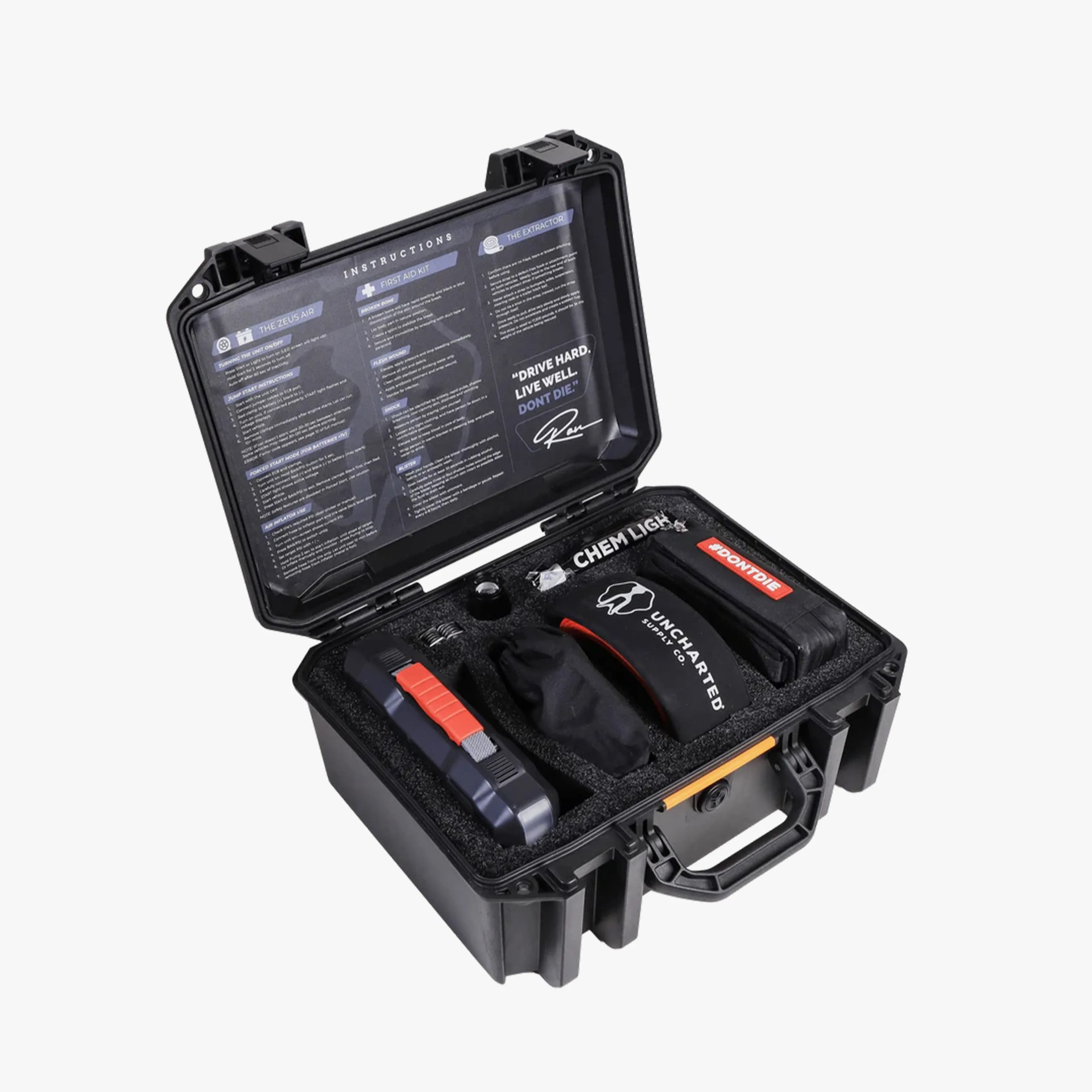 Black hard plastic case with foam inserts holding emergency and survival gear including a black pouch, chem light, and a device with a red grip.
