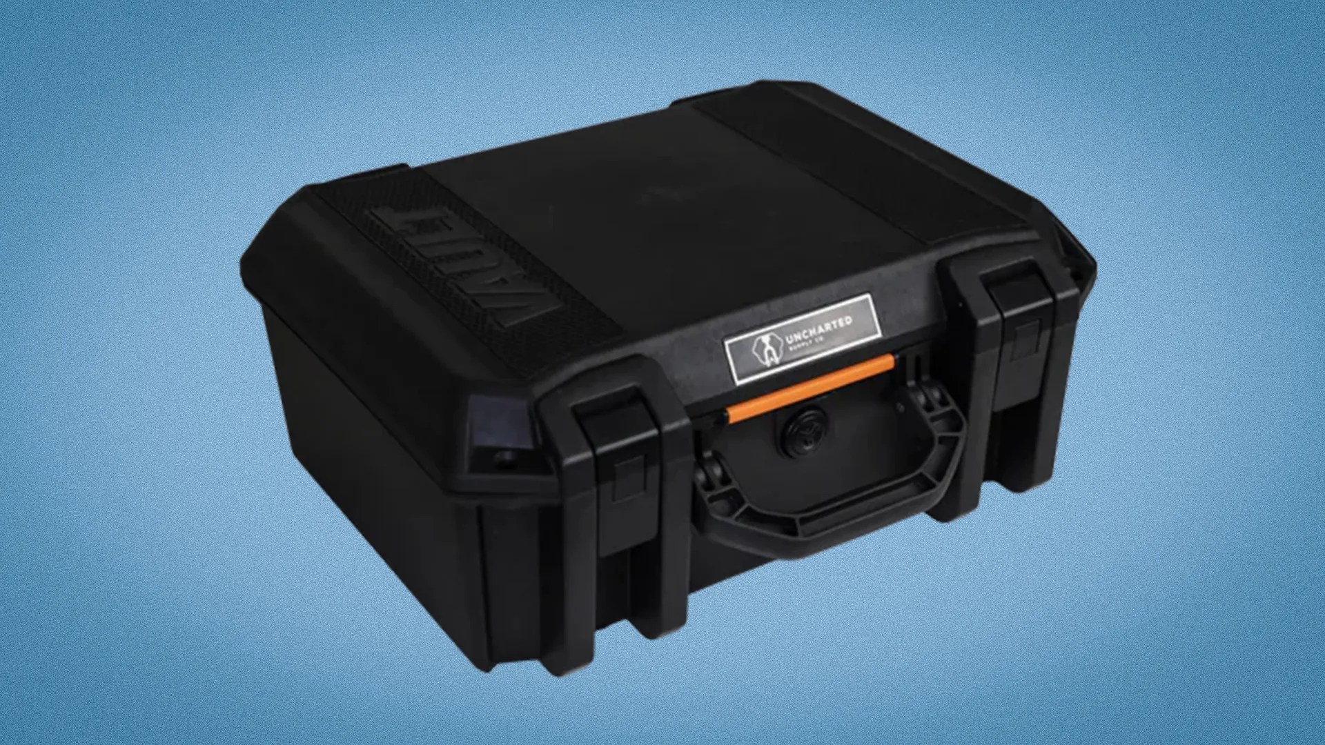Black rugged hard plastic protective case with latches and an orange-accented handle on a blue background.