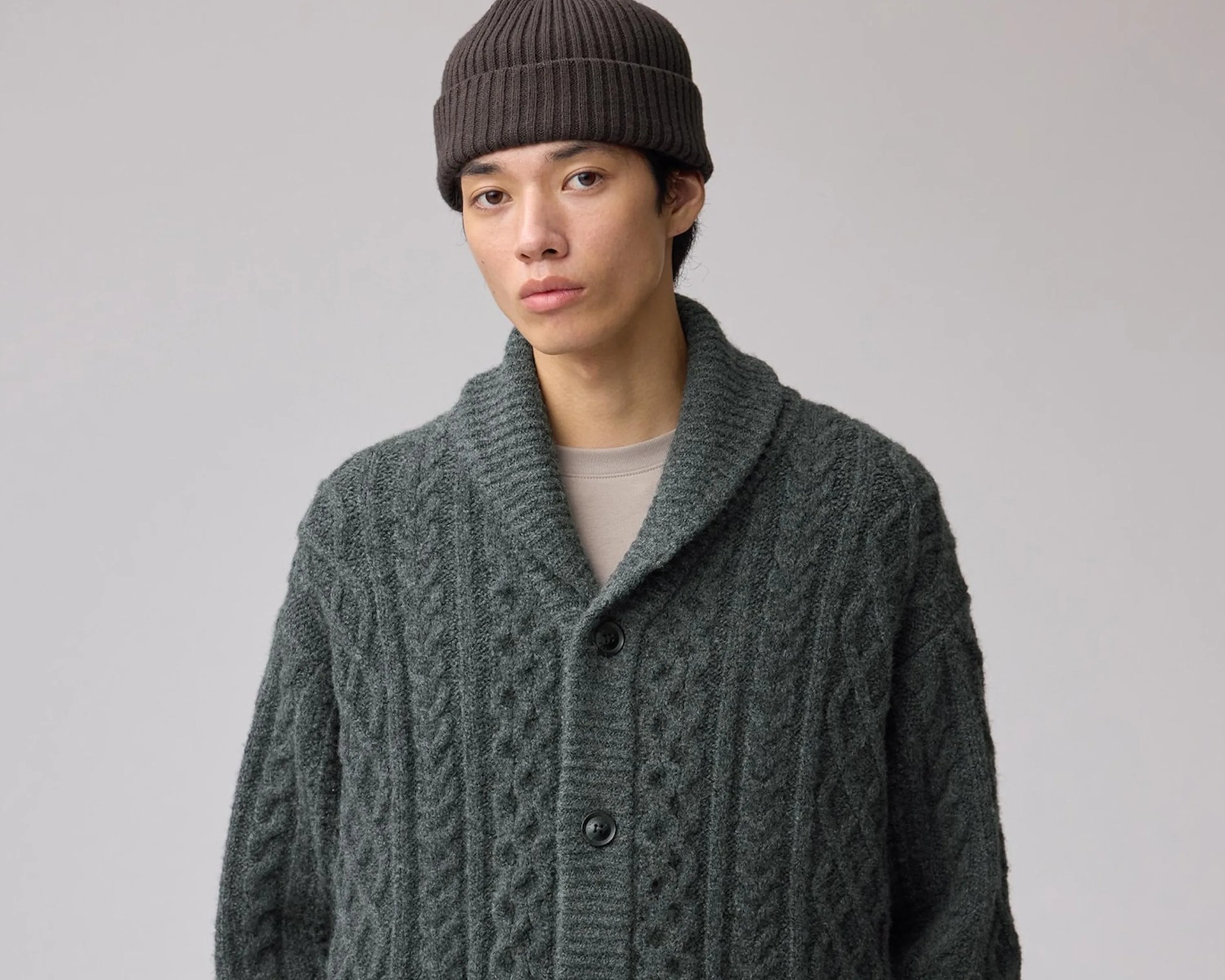 Man wearing a dark gray cable-knit cardigan with large buttons and a brown ribbed beanie.