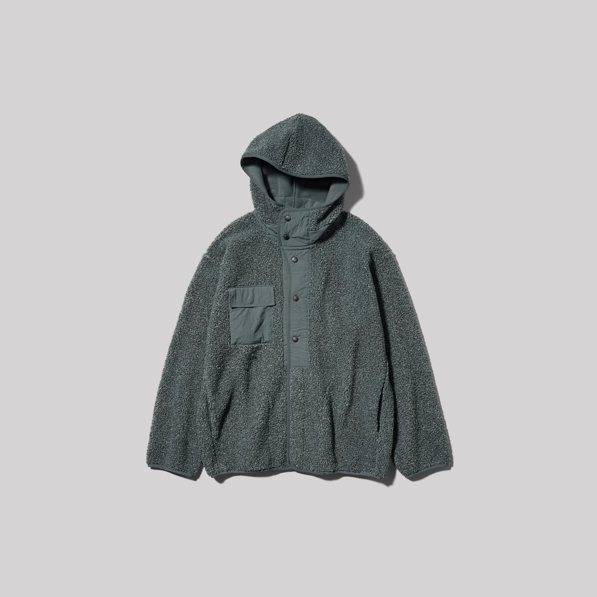 Dark gray hooded fleece jacket with snap buttons and a chest pocket on a light gray background.
