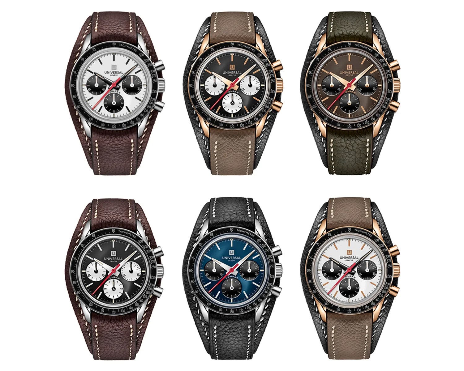 Six Universal Gen&egrave;ve chronograph watches with tachymeter bezels, featuring various dial colors (white, black, brown, blue) and leather straps in brown, black, olive, and taupe.