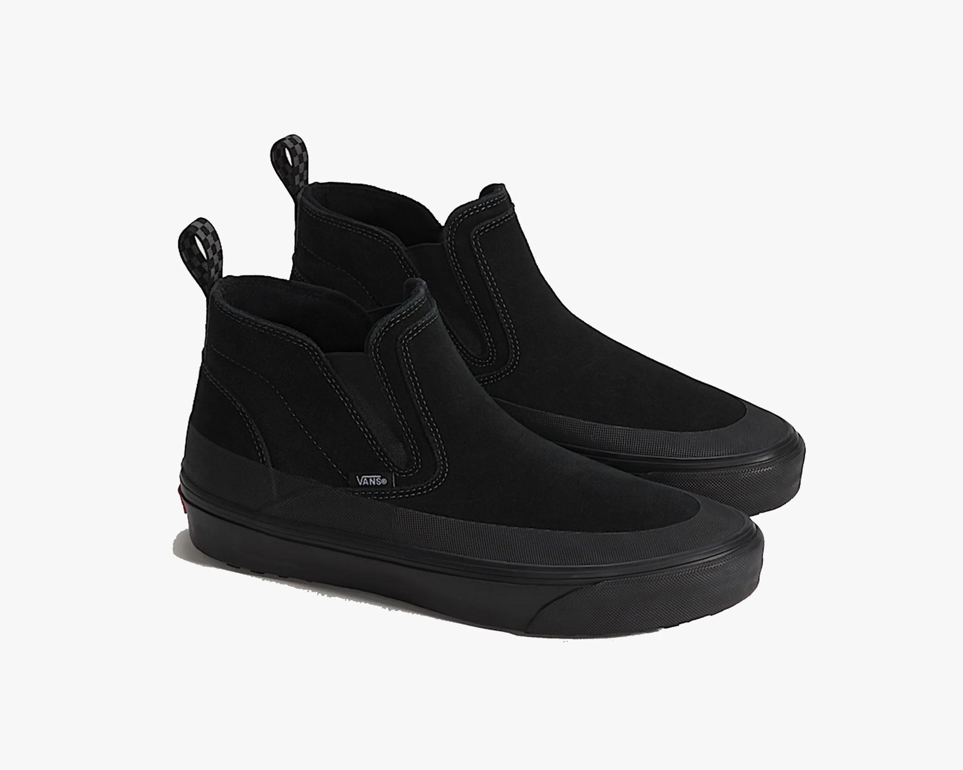 Pair of black Vans slip-on high-top sneakers with rubber soles and pull tabs at the back.