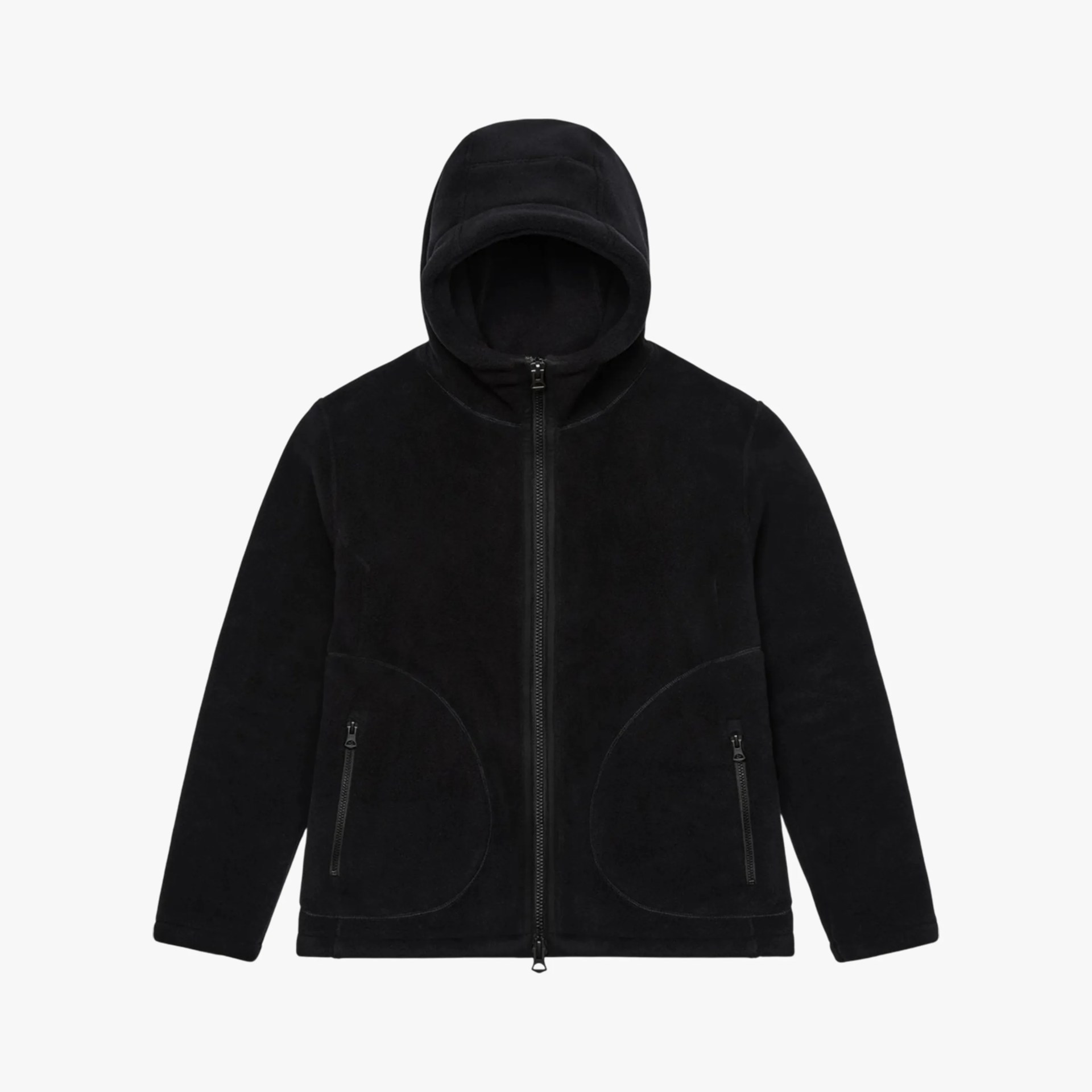 Black fleece zip-up hoodie with front zippered pockets and a hood.
