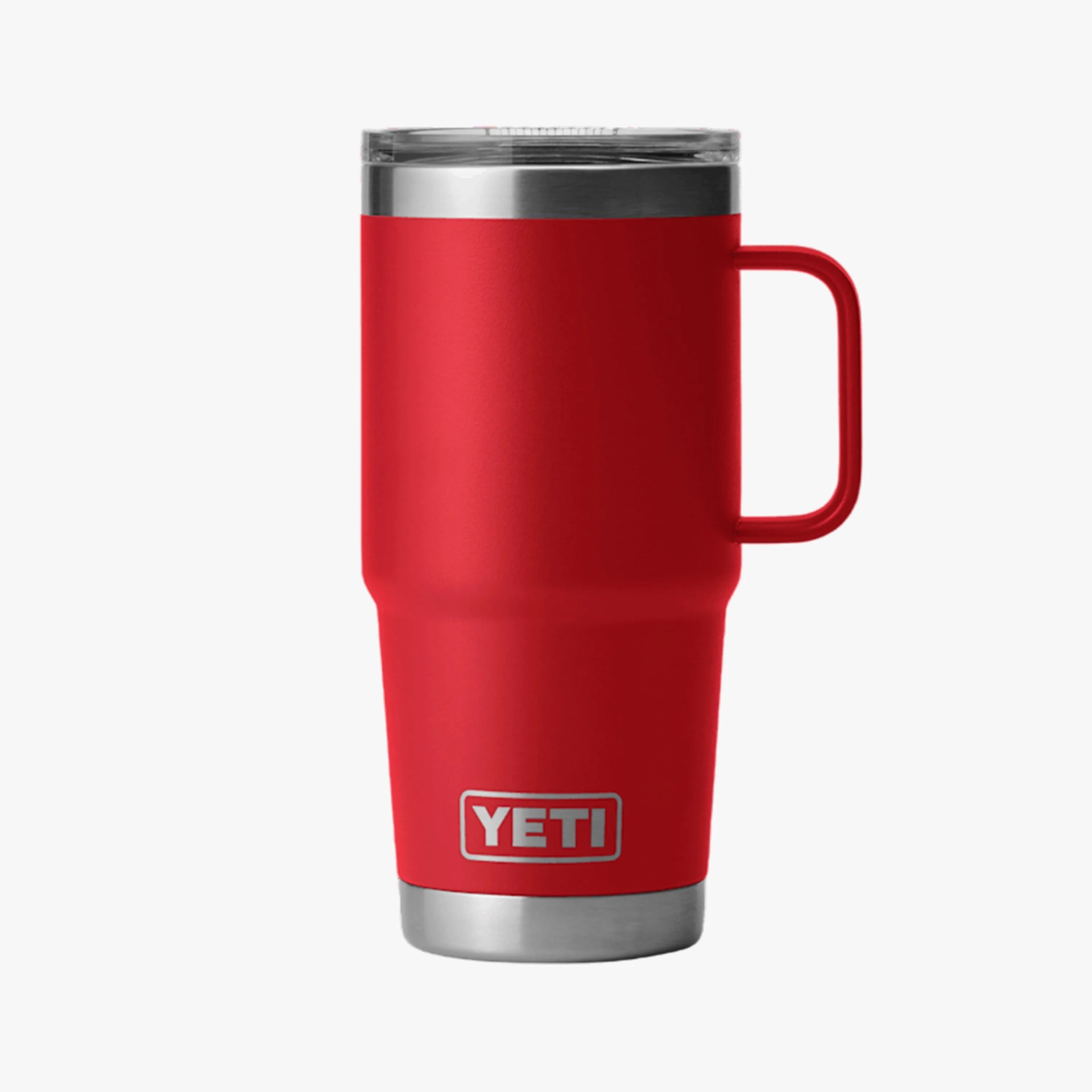Red YETI insulated tumbler with handle and clear lid on a white background.