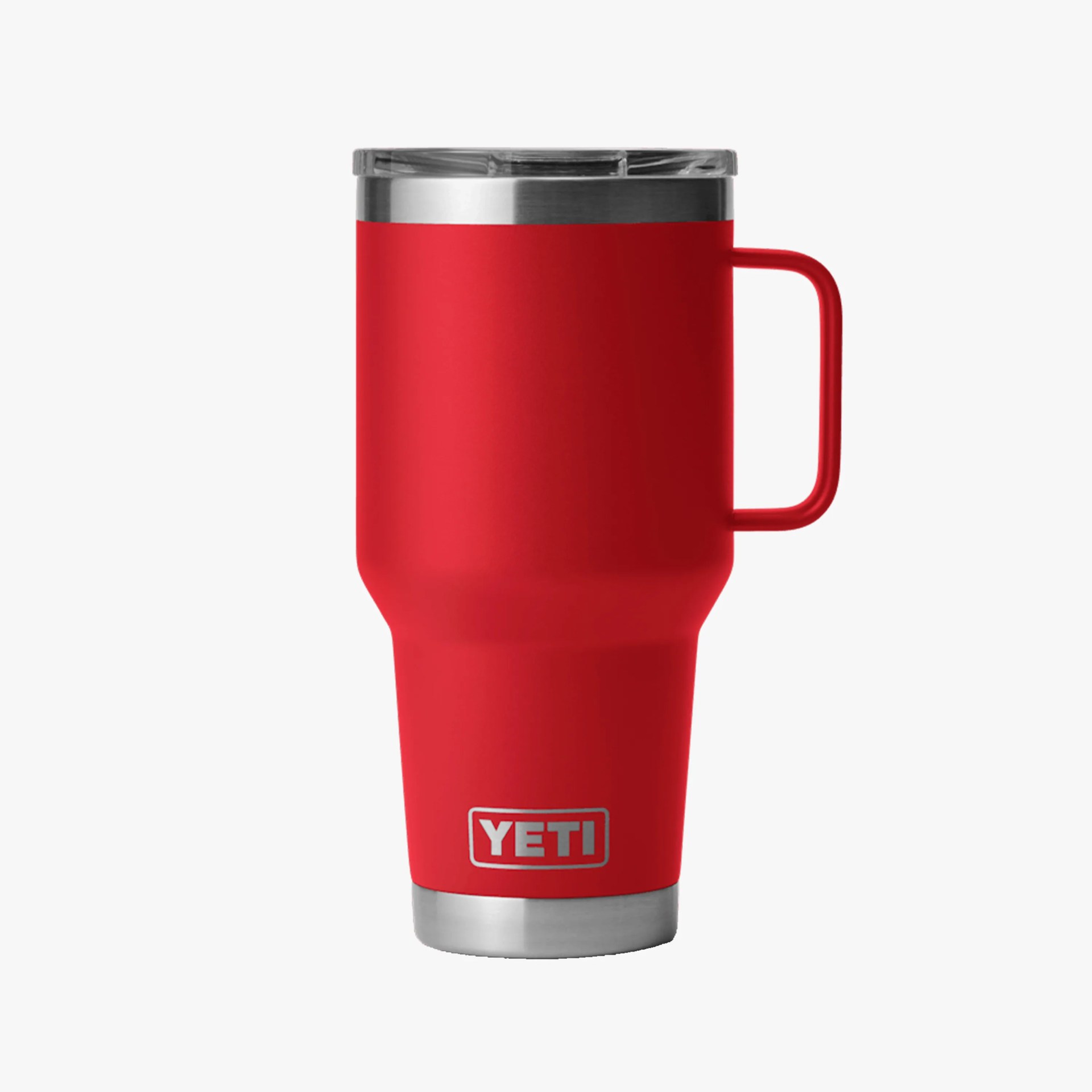 Red YETI insulated travel mug with handle and clear plastic lid.