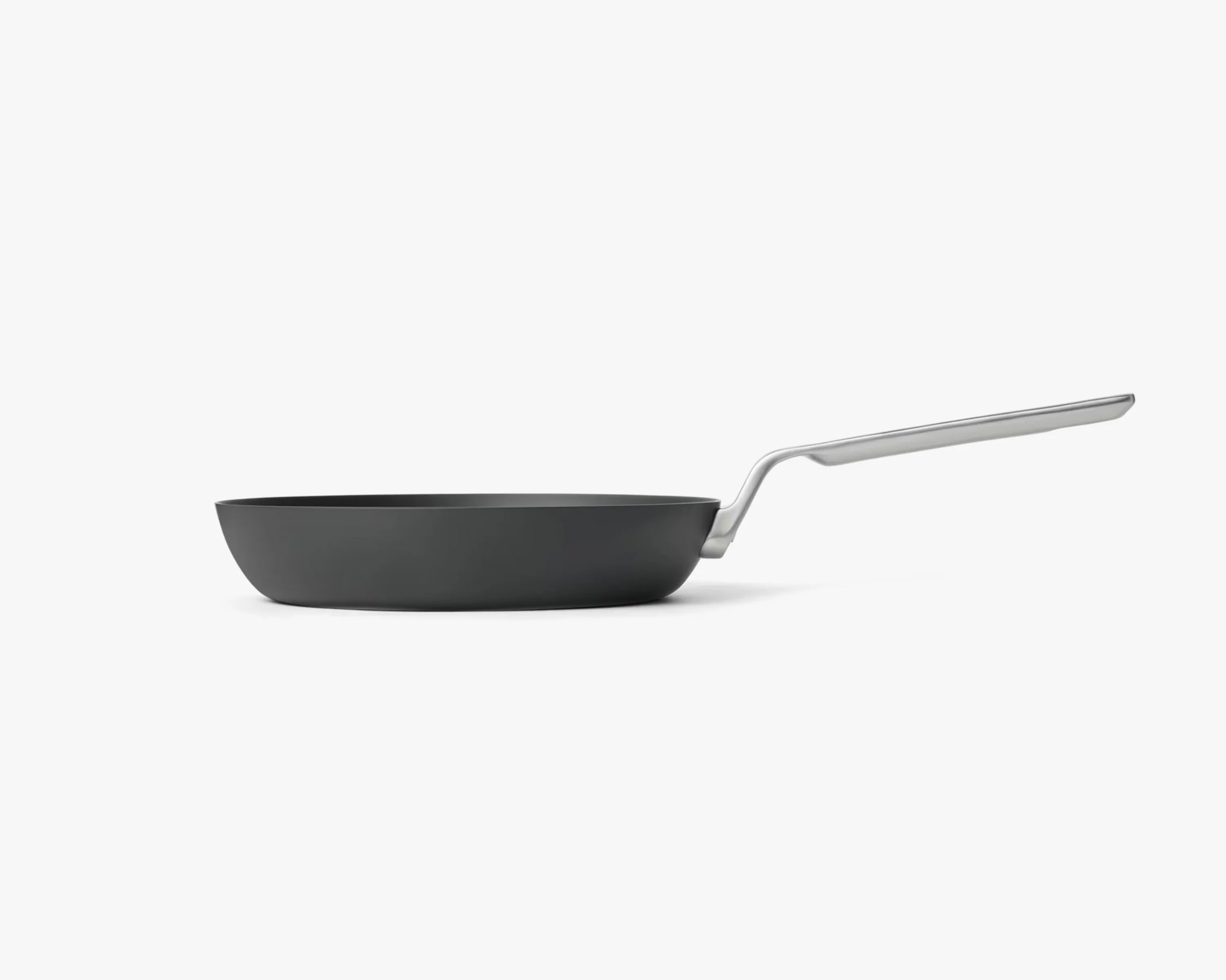 Black nonstick frying pan with a long silver metal handle on a white background.