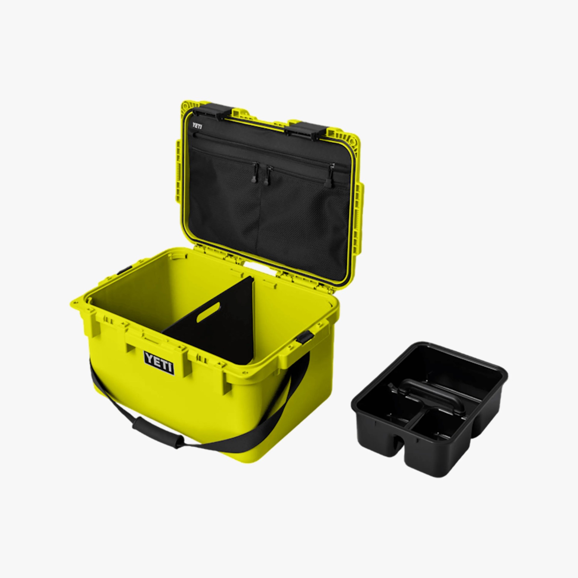 Bright yellow YETI cooler with open lid showing black divider and mesh pockets, next to a black removable tray.