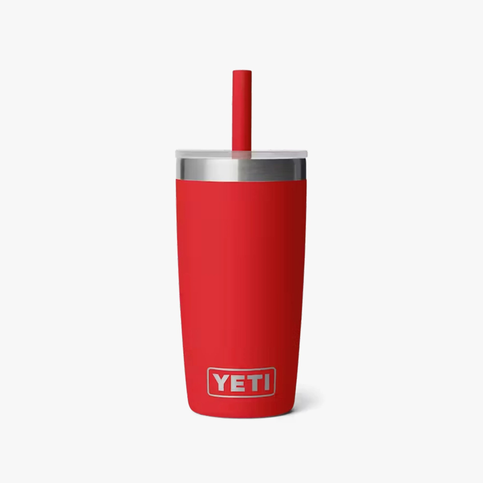 Red YETI tumbler with clear lid and matching red straw on a white background.