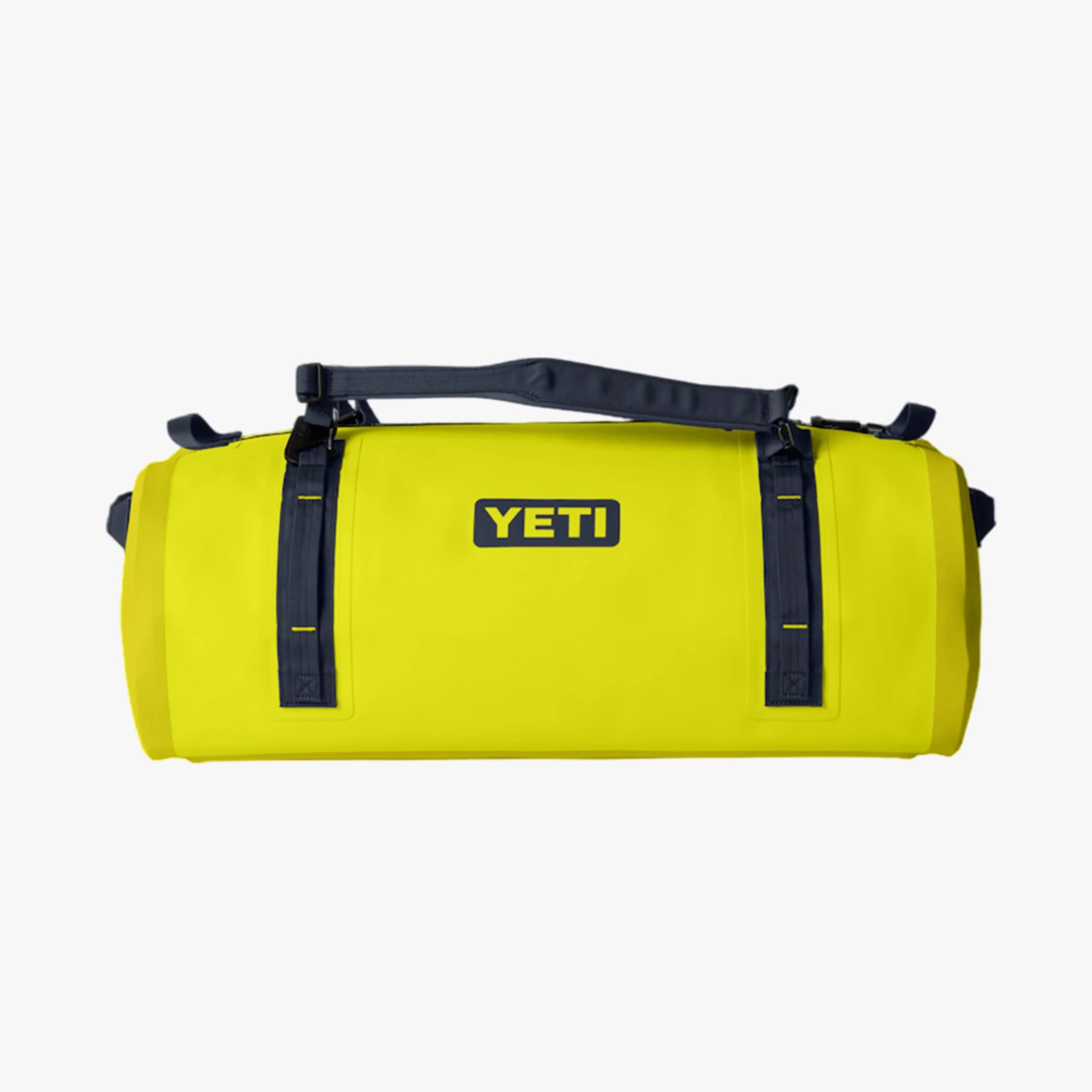 Bright yellow YETI duffel bag with black straps and handles, cylindrical shape.