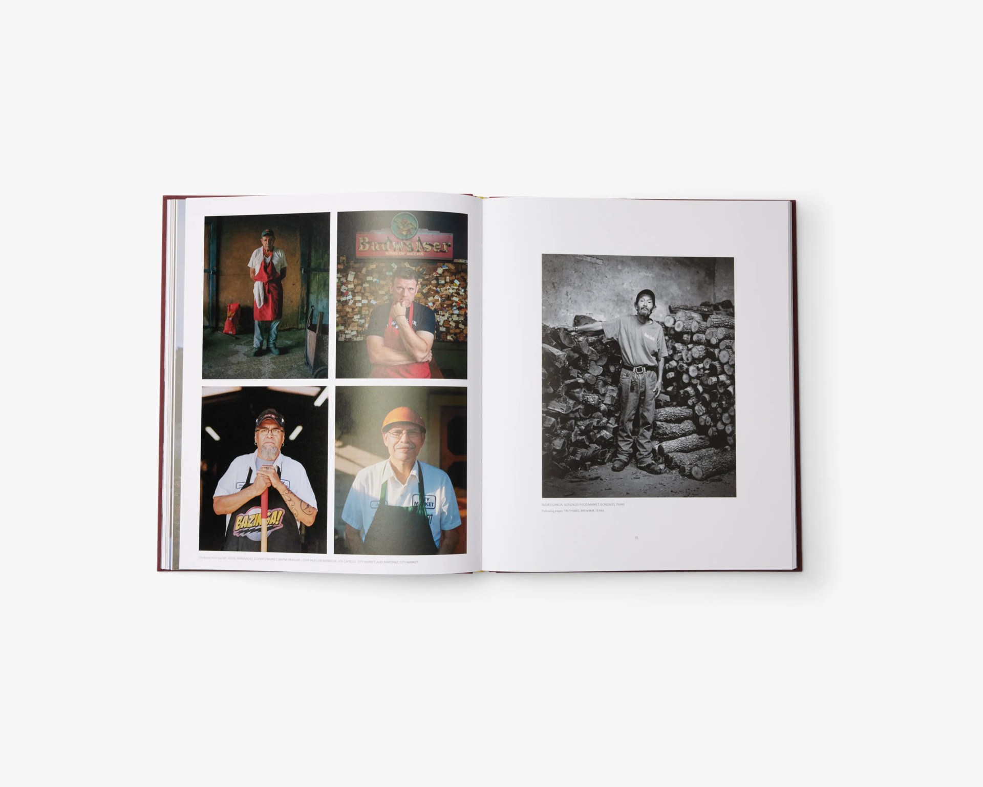 Open book showing portraits of four men on the left page and one man standing by stacked logs on the right page.