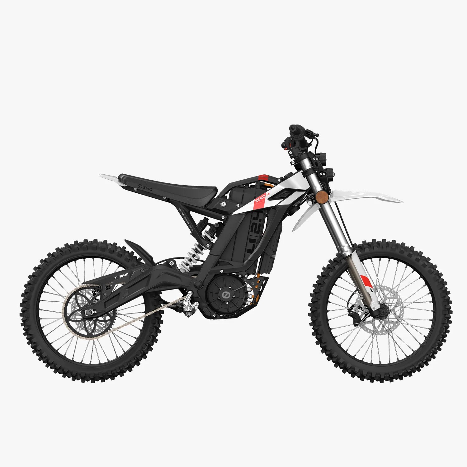 Black and white electric dirt bike with knobby tires and visible battery pack in the frame.