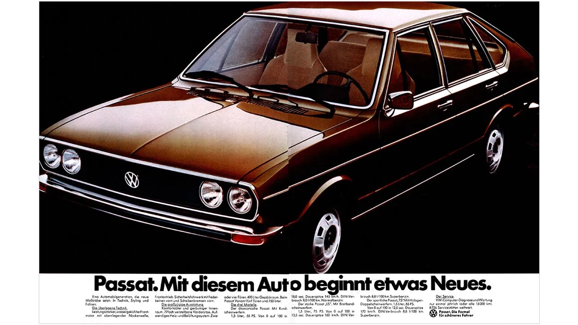 Brown Volkswagen Passat sedan with beige interior shown in a vintage advertisement with German text.