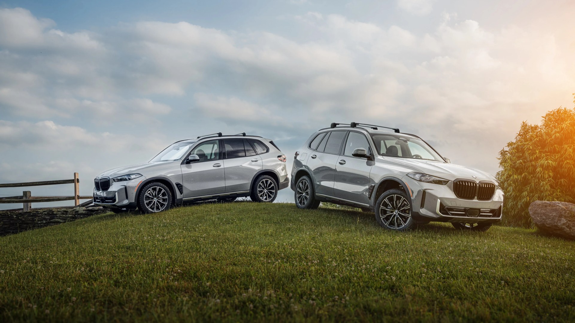 Two silver BMW SUVs parked on a grassy hill under a cloudy sky with sunlight on the right side.