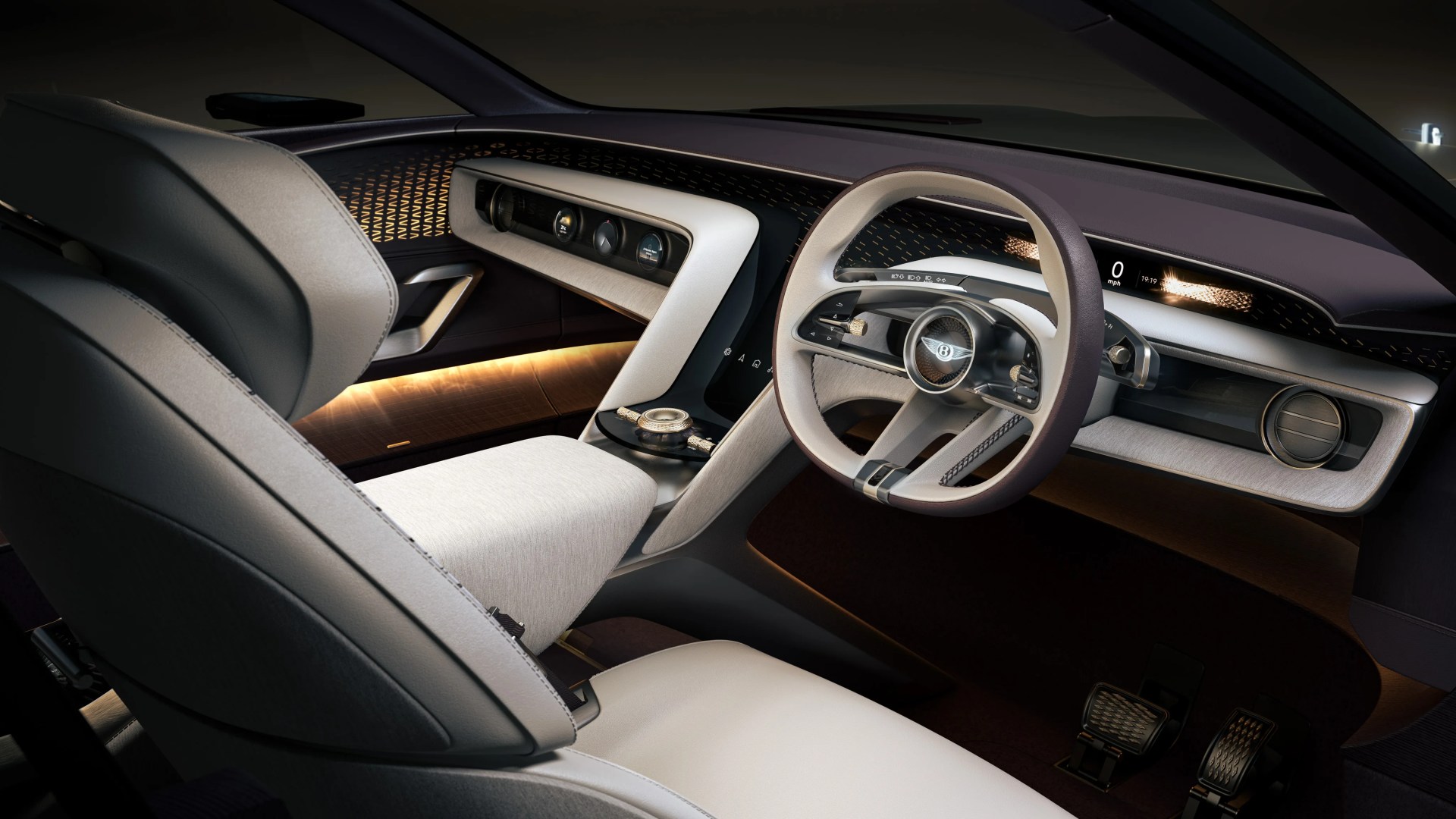Luxurious car interior with light beige seats, modern steering wheel featuring Bentley logo, and ambient lighting.