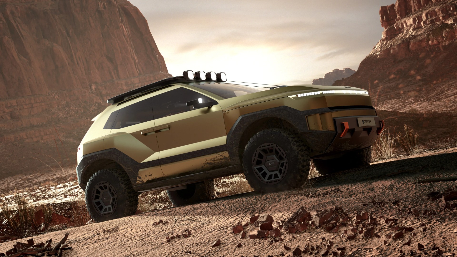 Matte olive green off-road SUV with black rugged tires and roof lights on a rocky desert slope.