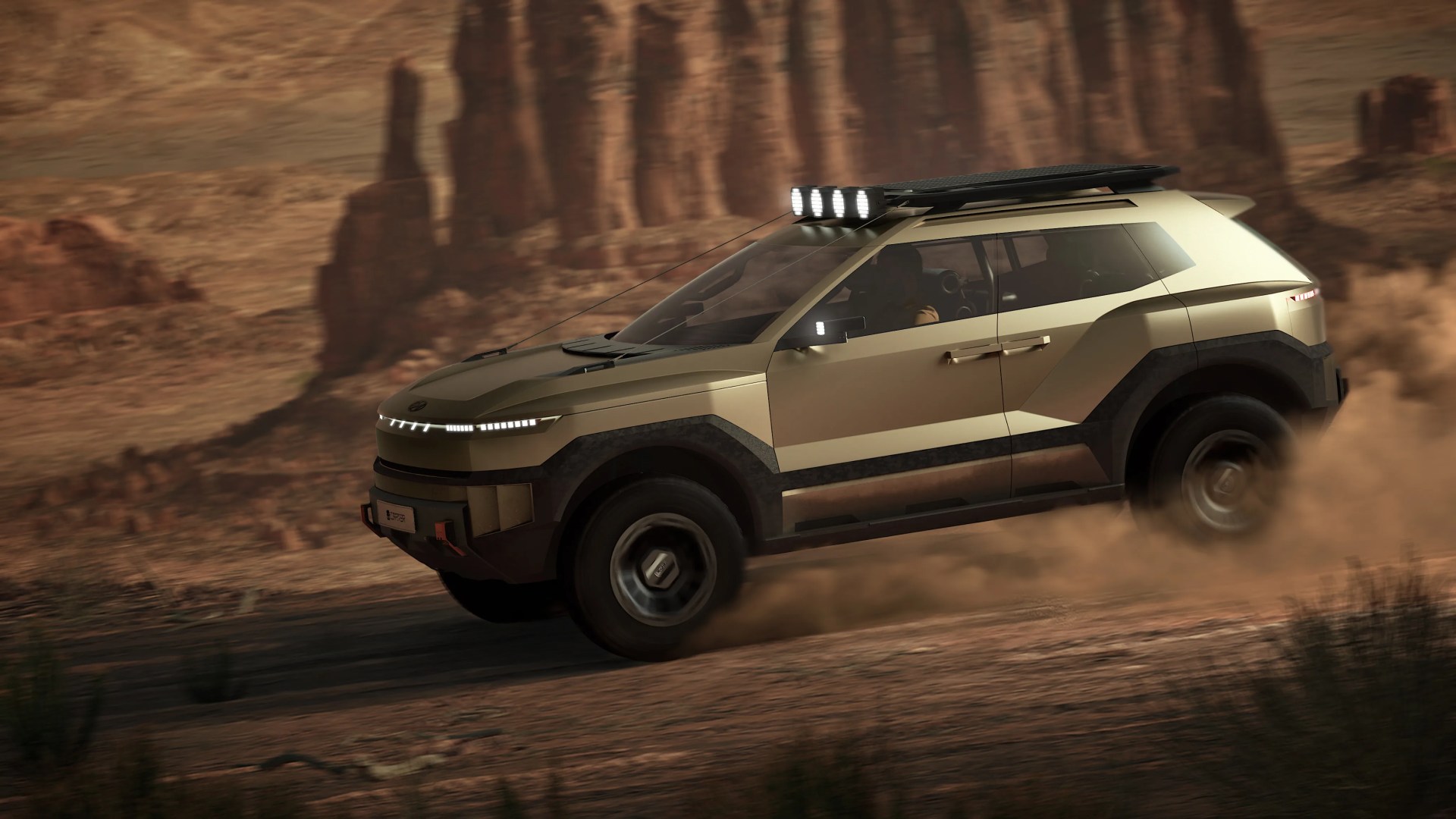 Beige and black rugged SUV with roof lights driving on a dusty desert road.