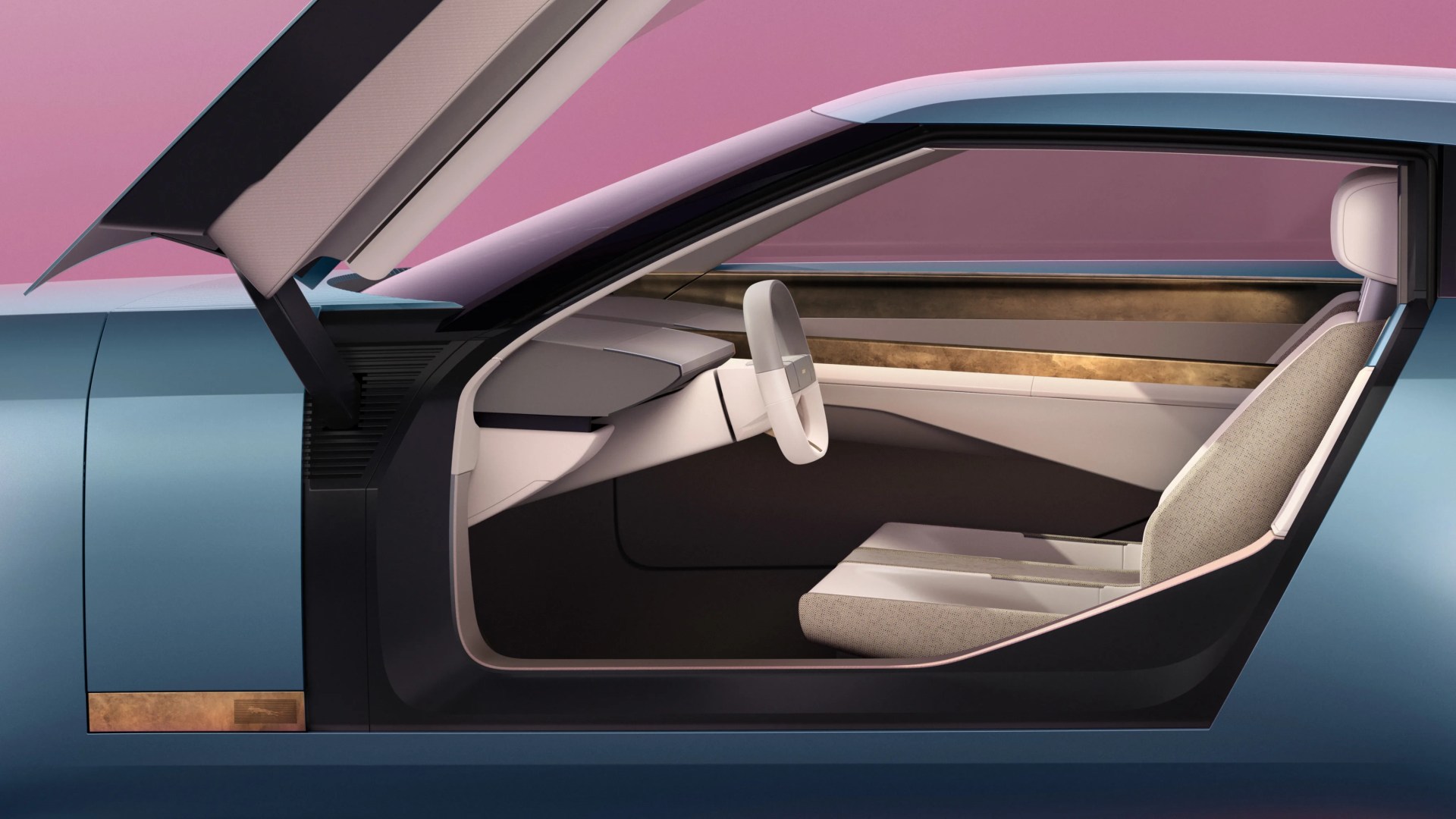 Side view of a blue car with gullwing door open, showing a minimalist beige and white interior with a steering wheel and single seat.
