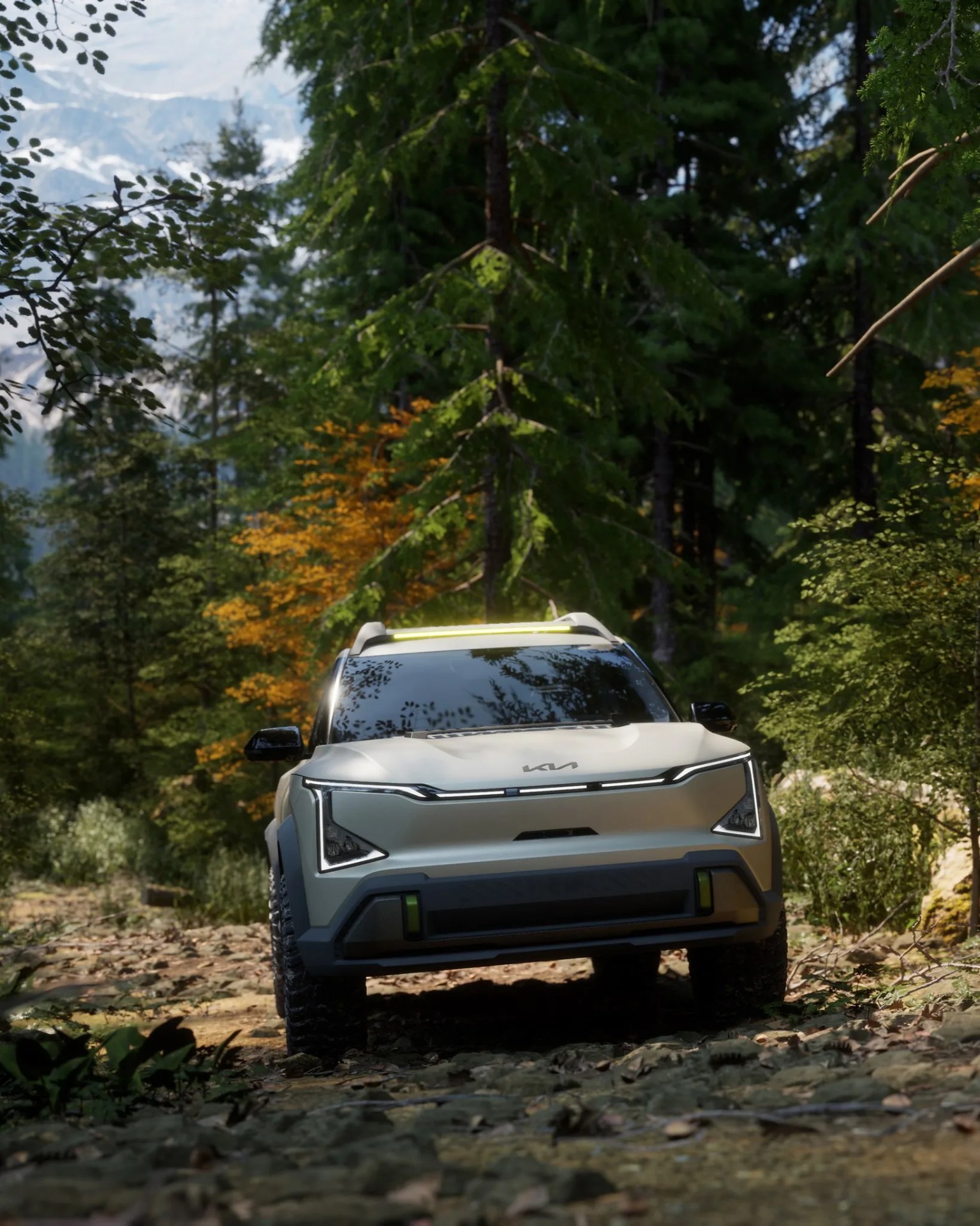 White Kia SUV with LED headlights and roof light bar on a rocky forest trail.