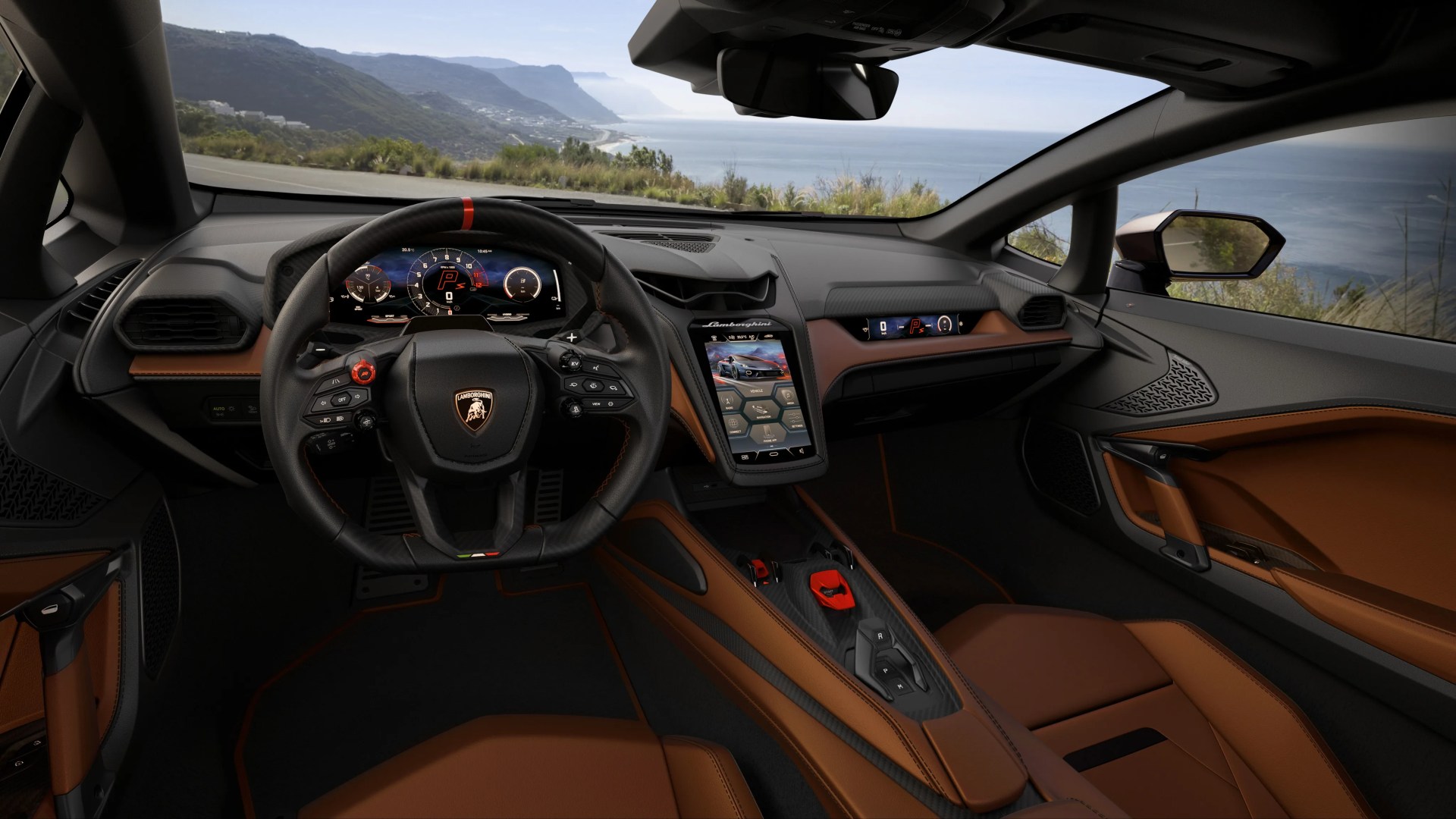 Interior of a Lamborghini with black leather steering wheel, brown leather seats, and a central touchscreen display.