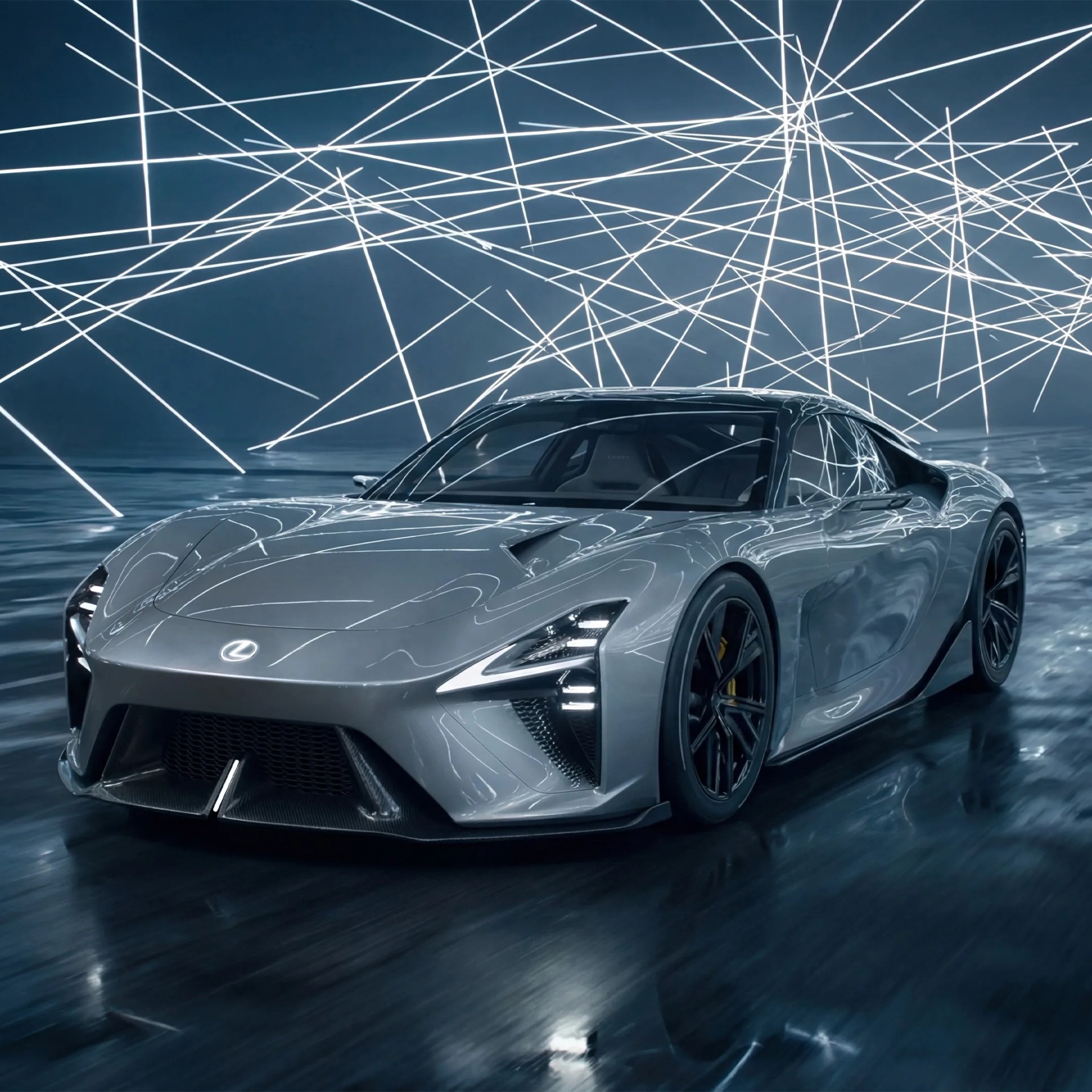Silver Lexus sports car with sharp angular headlights on a reflective dark floor with white light streaks above.