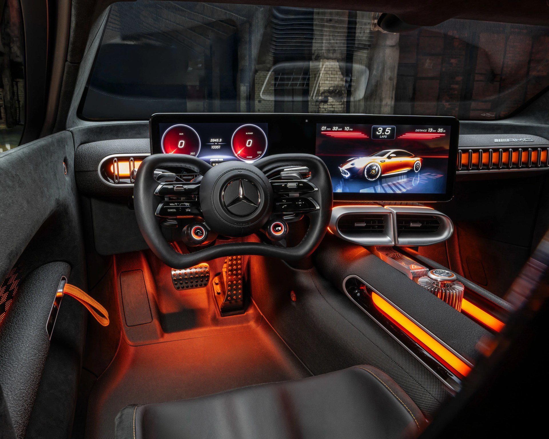 Mercedes-Benz AMG car interior with black yoke steering wheel, dual digital displays, and orange ambient lighting.