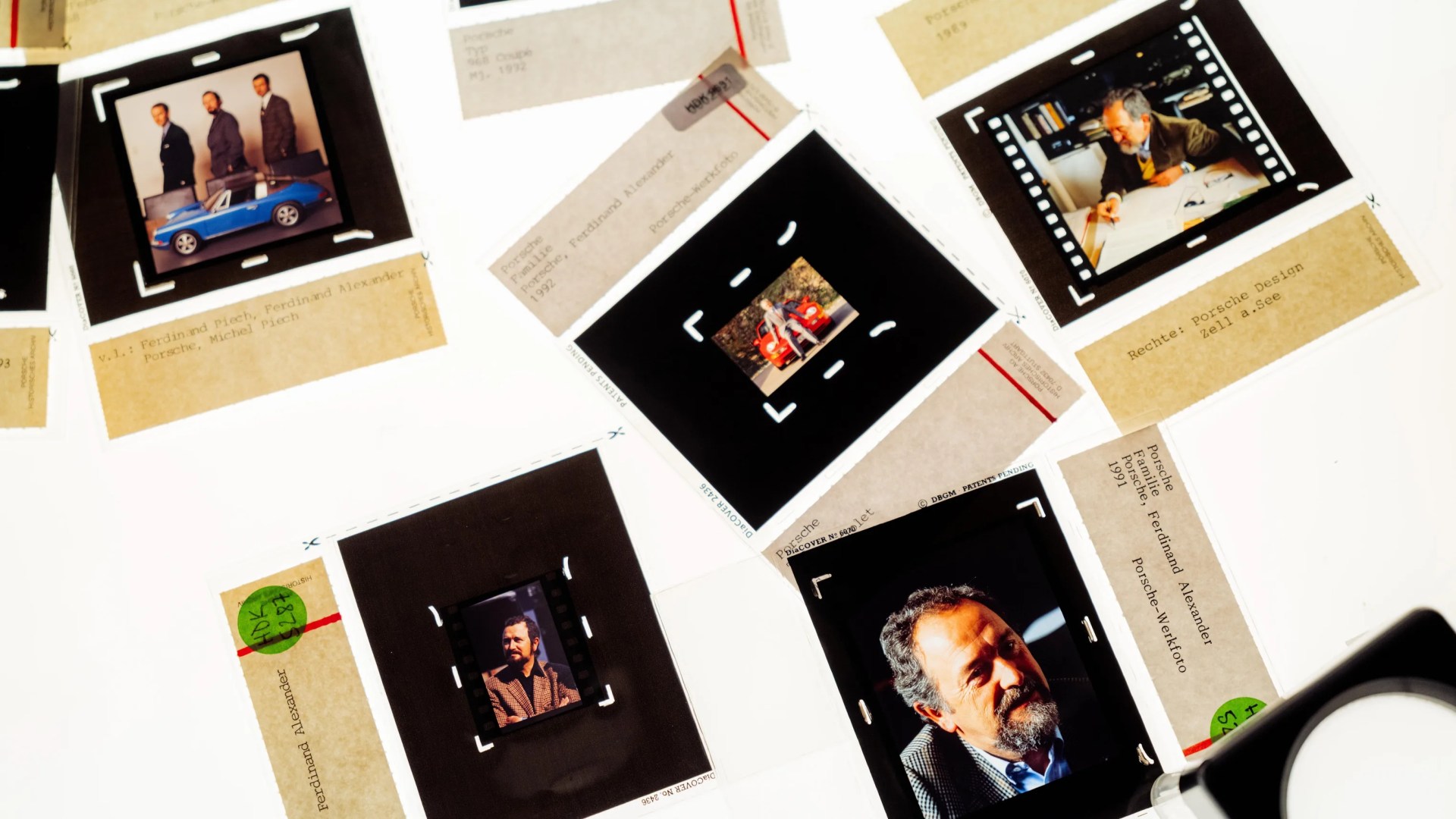 Collection of photographic slides featuring portraits of a man and images of classic Porsche cars.