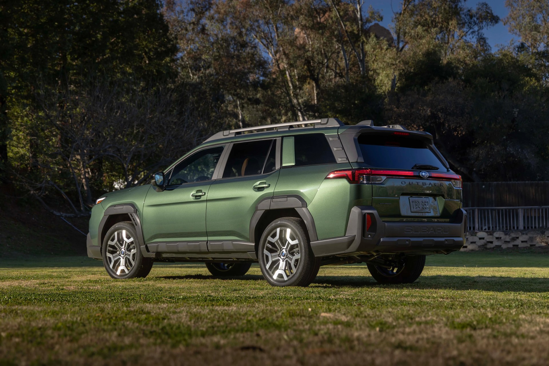 Green Subaru Outback SUV parked on grass with trees in the background.