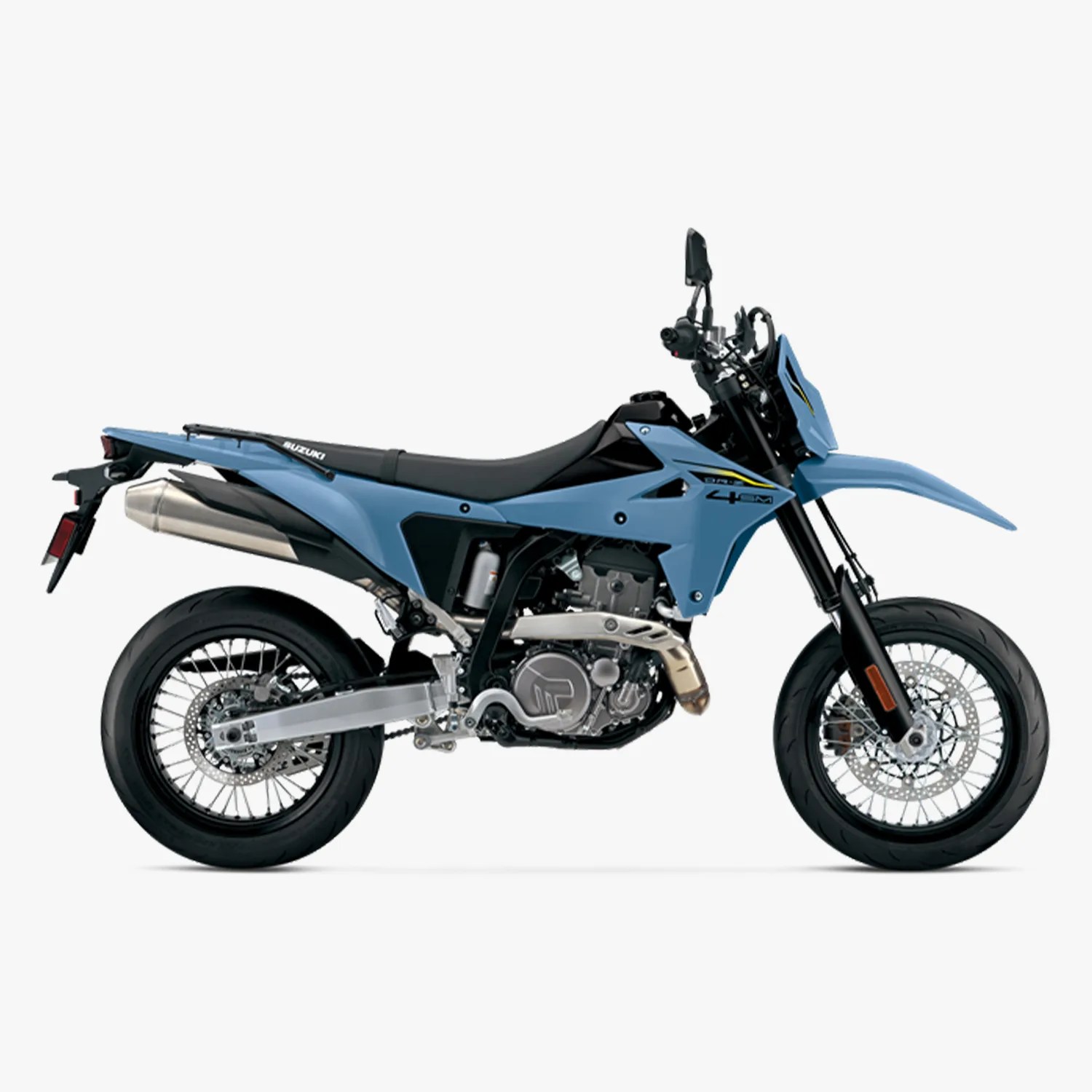 Blue and black Suzuki DR-Z400SM motorcycle with black seat and silver exhaust on white background.